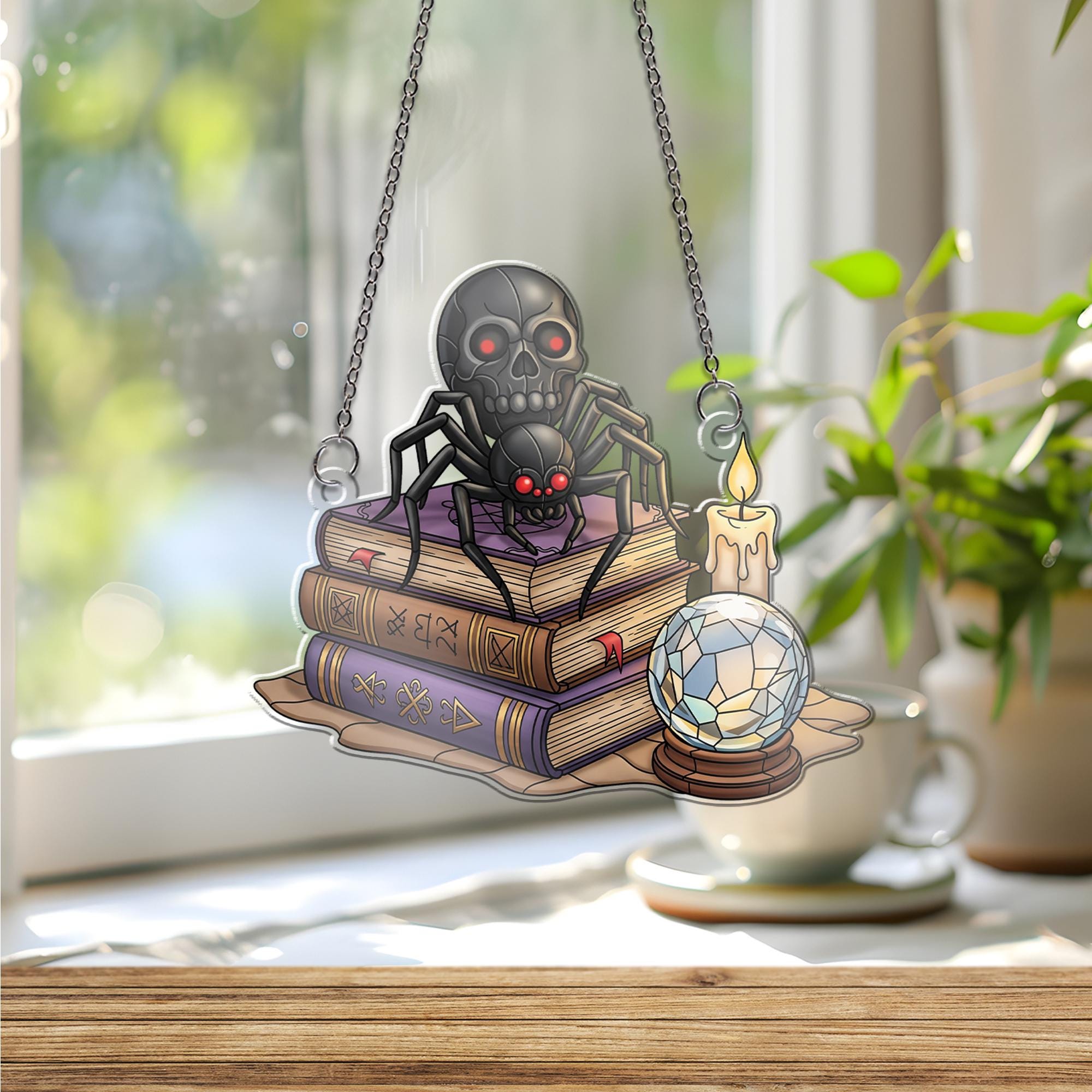 Gothic Spider Skull ornament | Witchy Crystal Ball Glass Art | Halloween Book Decor | Dark Academia Window Hanging