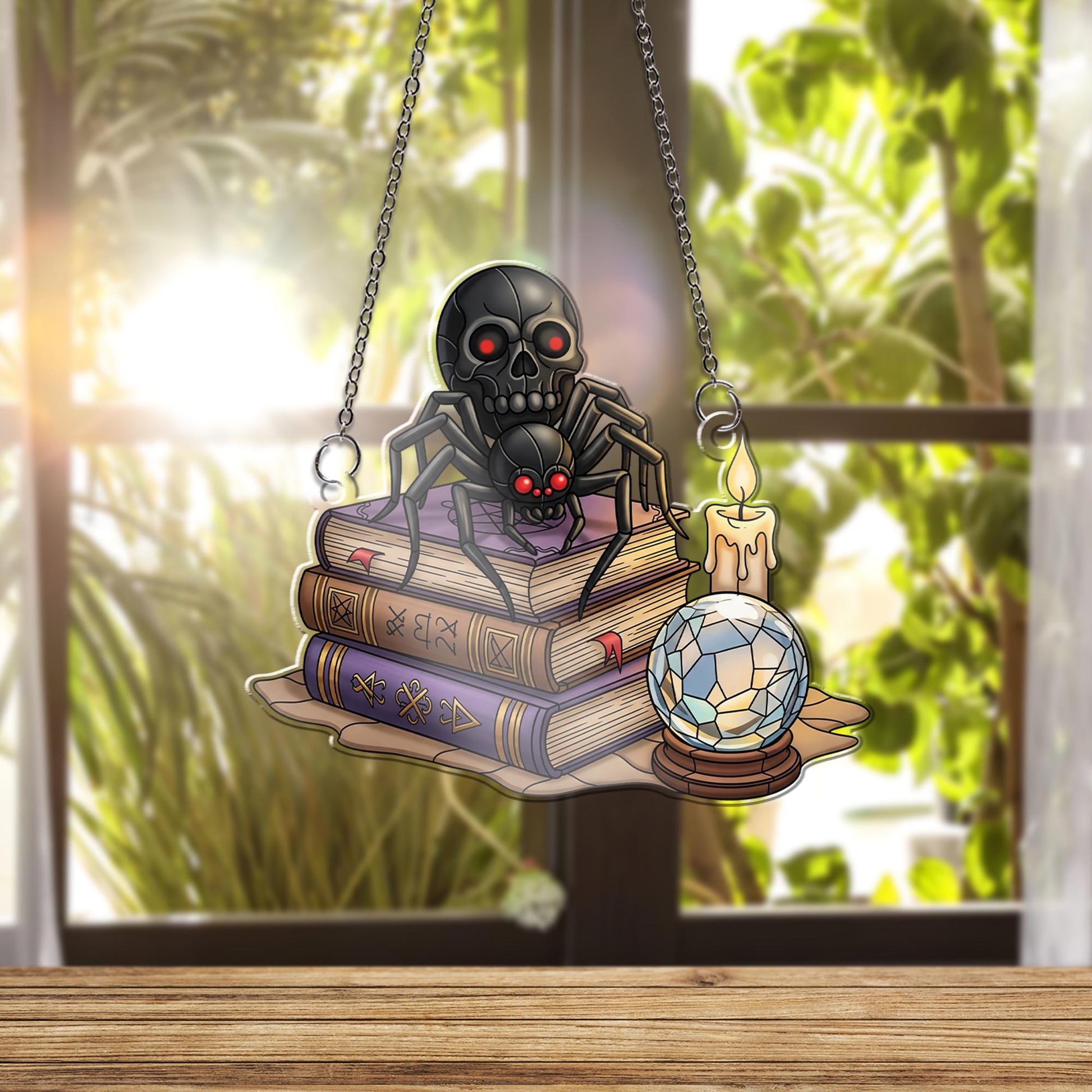 Gothic Spider Skull ornament | Witchy Crystal Ball Glass Art | Halloween Book Decor | Dark Academia Window Hanging