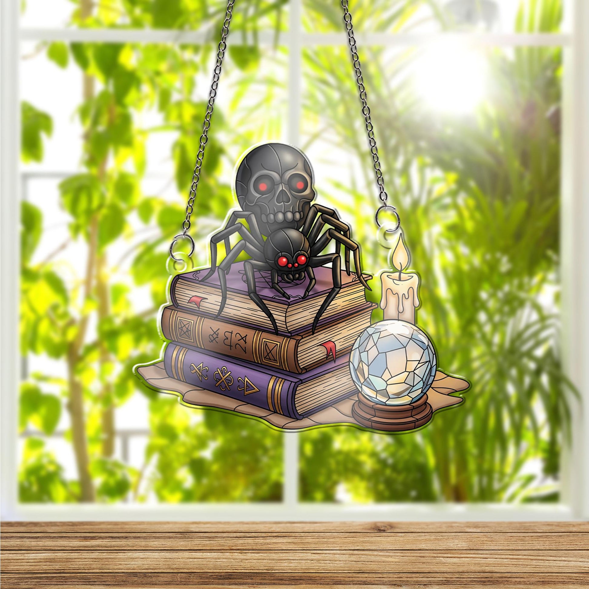 Gothic Spider Skull ornament | Witchy Crystal Ball Glass Art | Halloween Book Decor | Dark Academia Window Hanging