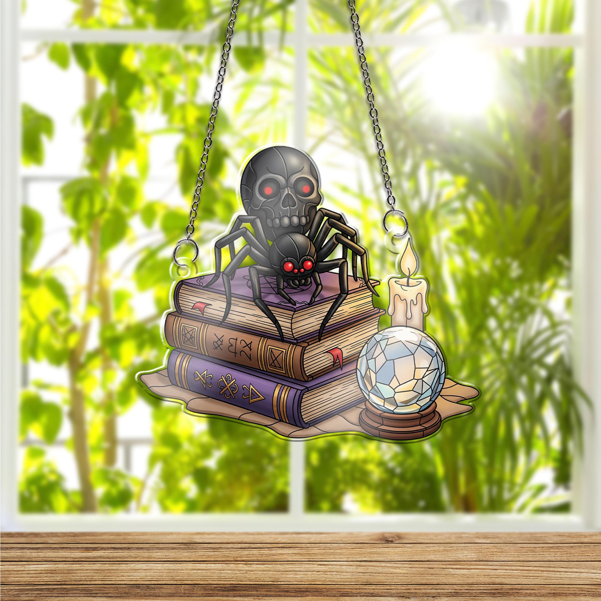 Gothic Spider Skull ornament | Witchy Crystal Ball Glass Art | Halloween Book Decor | Dark Academia Window Hanging