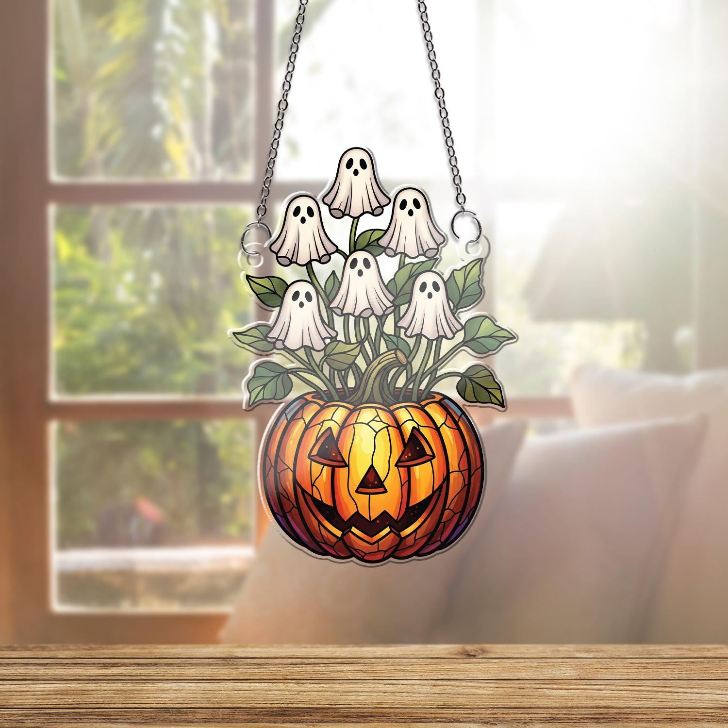Ghost Flower Pumpkin ornament | Halloween Jack-O'-Lantern Glass Art | Spooky Cute Window Decor