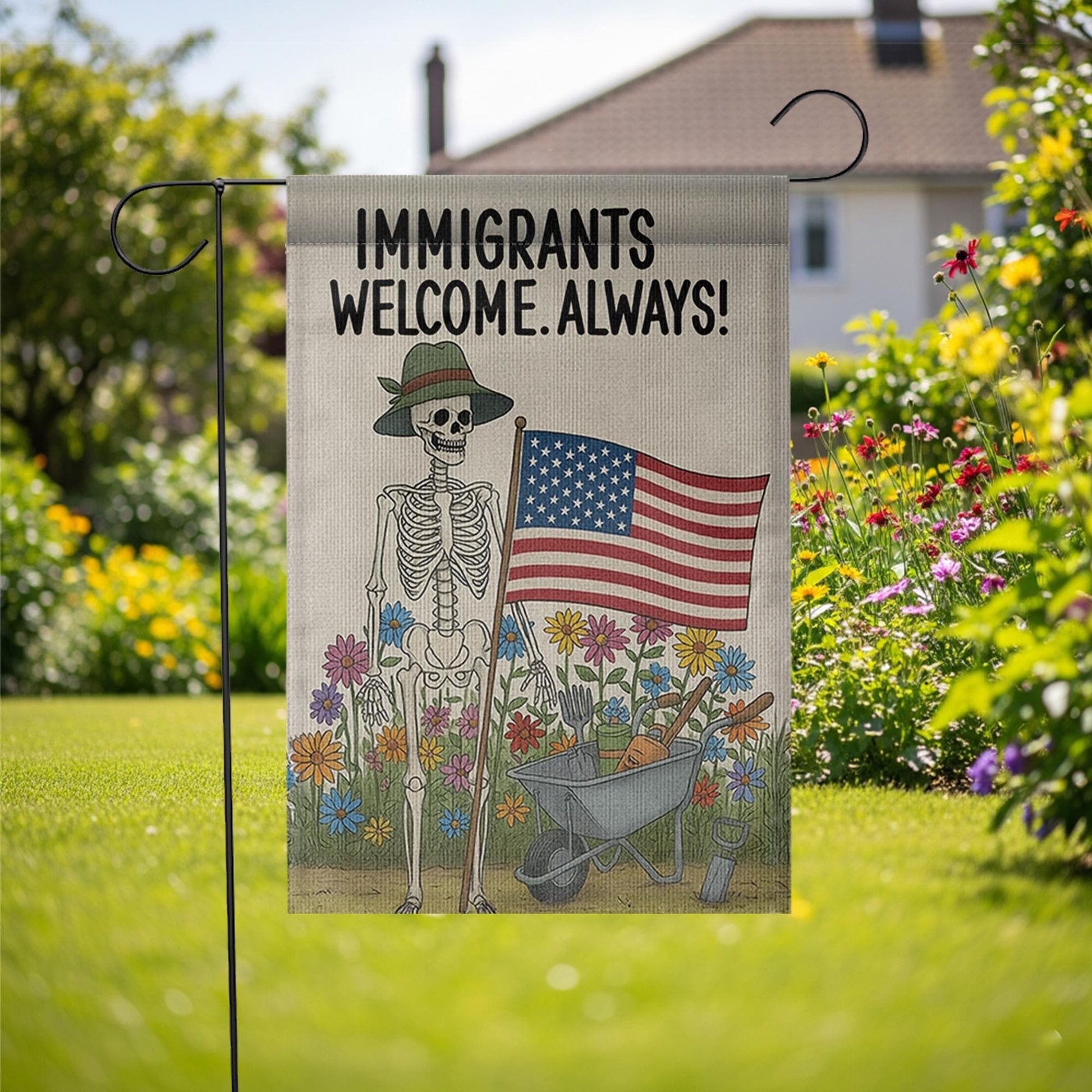 Immigrants Welcome Always Garden Flag, Skeleton Patriotic Yard Decor, Pro Immigrant Sign, Equality Garden Banner, Floral Outdoor Art
