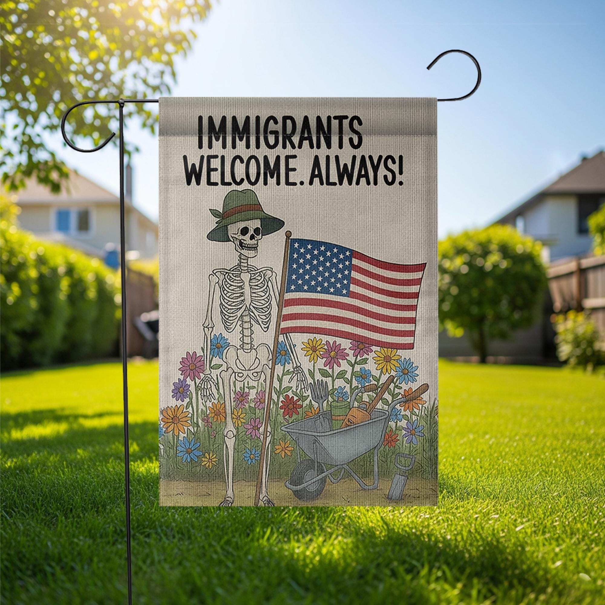Immigrants Welcome Always Garden Flag, Skeleton Patriotic Yard Decor, Pro Immigrant Sign, Equality Garden Banner, Floral Outdoor Art