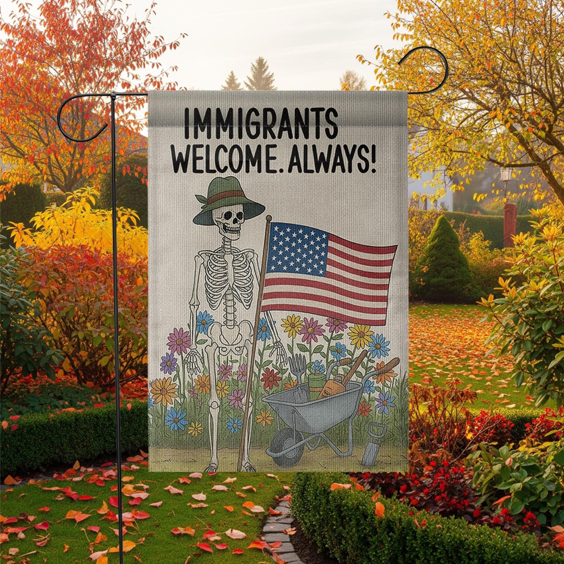 Immigrants Welcome Always Garden Flag, Skeleton Patriotic Yard Decor, Pro Immigrant Sign, Equality Garden Banner, Floral Outdoor Art