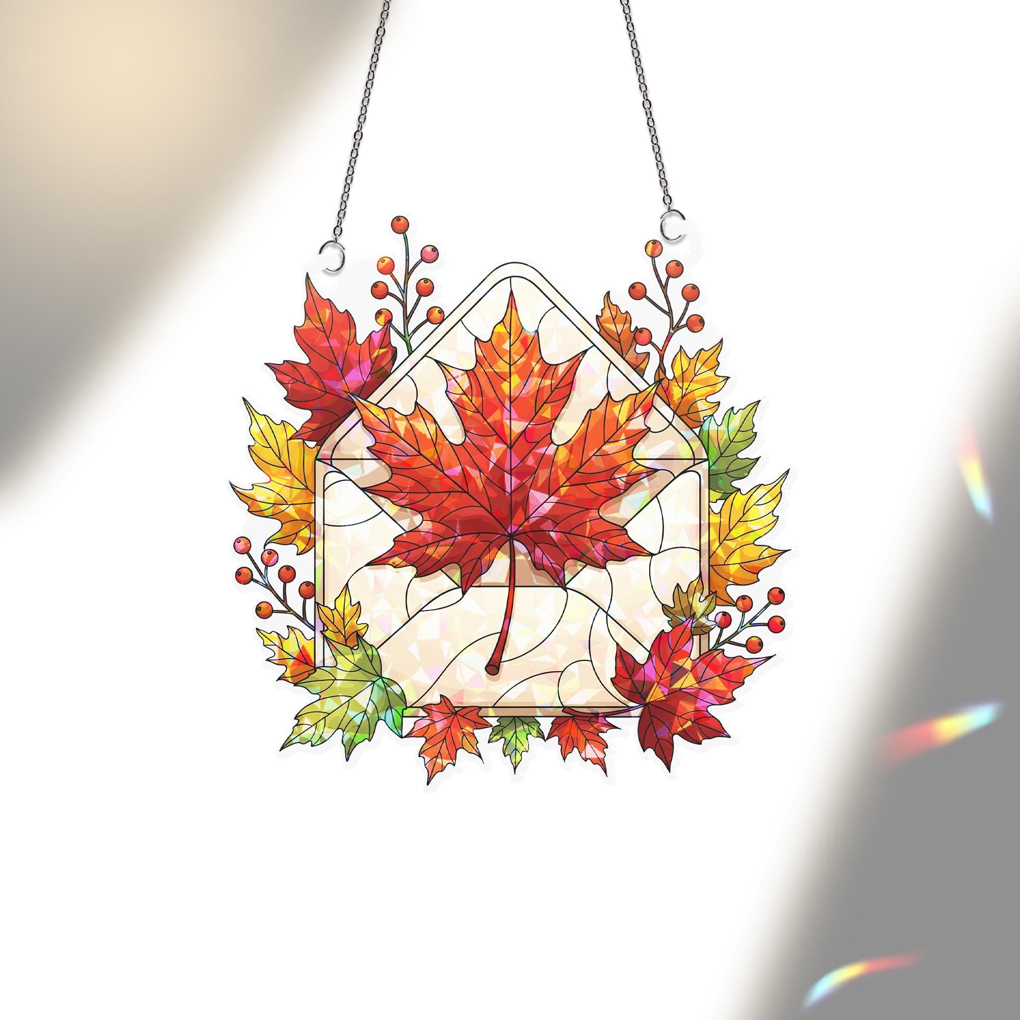 Autumn Maple Leaf Suncatcher | Fall Envelope Window Hanging | Stained Glass Leaf Decor