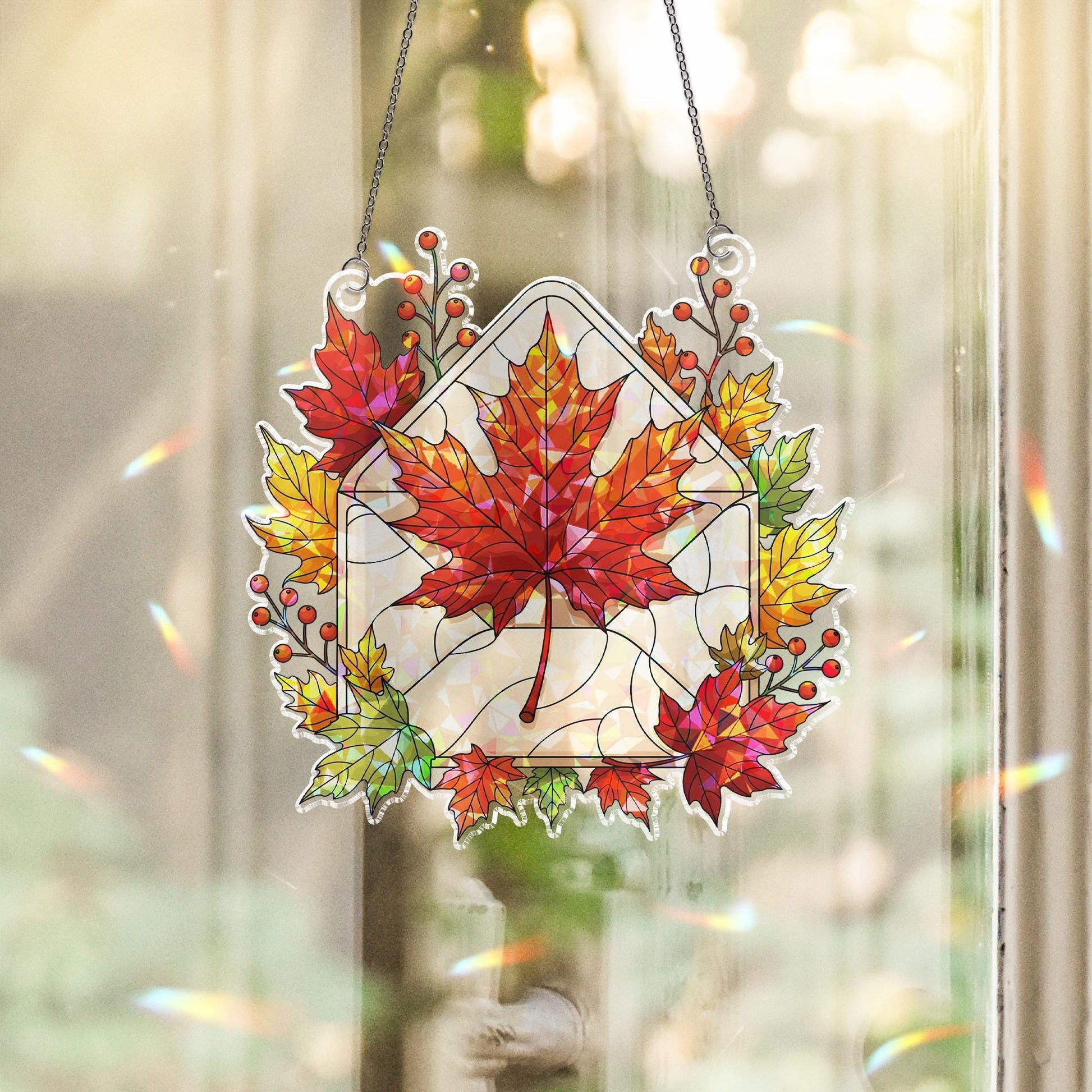 Autumn Maple Leaf Suncatcher | Fall Envelope Window Hanging | Stained Glass Leaf Decor