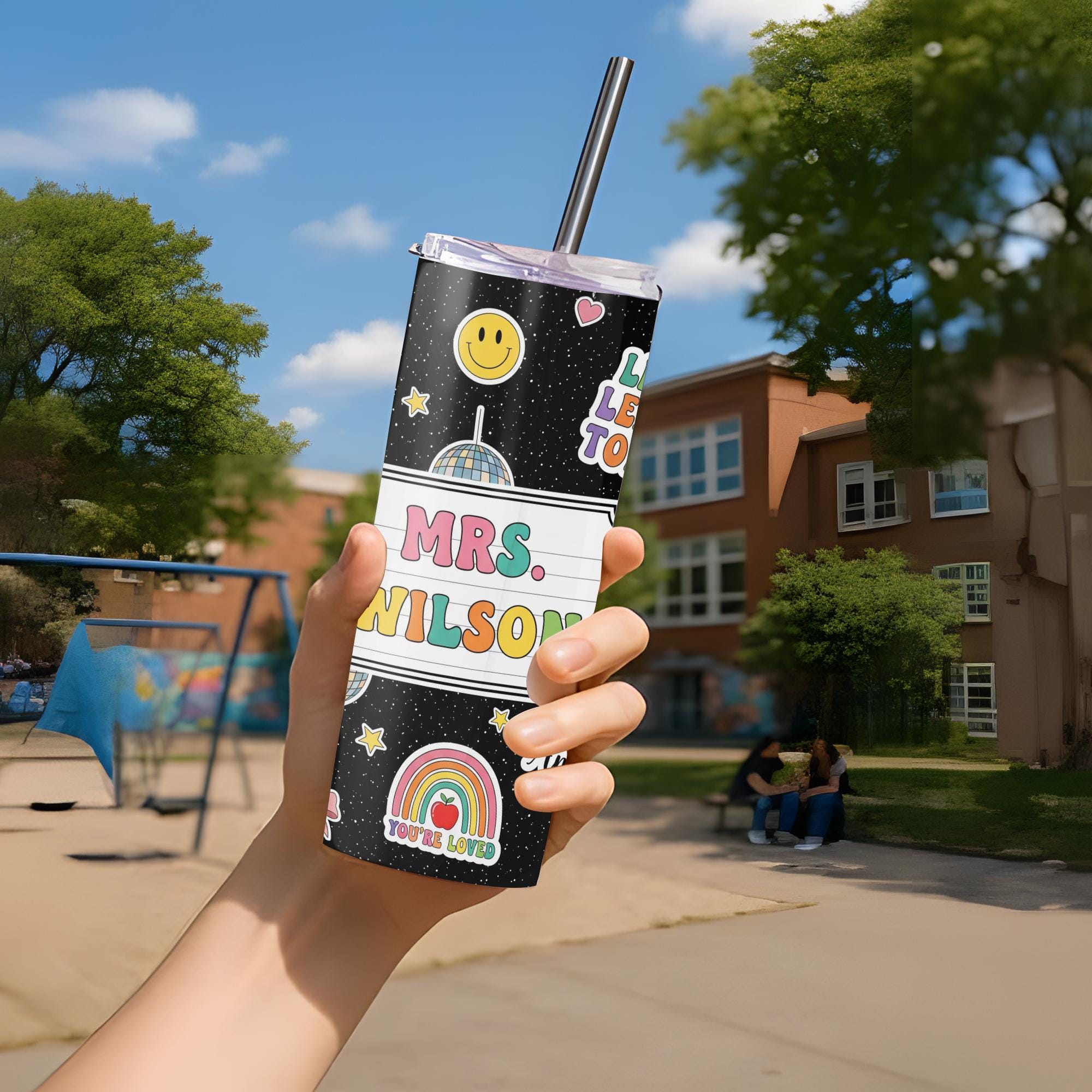Personalized 20oz Teacher Tumbler, Back to School Gift, Custom Name Cup, Cute Rainbow Teacher Mug, Classroom Appreciation Cup