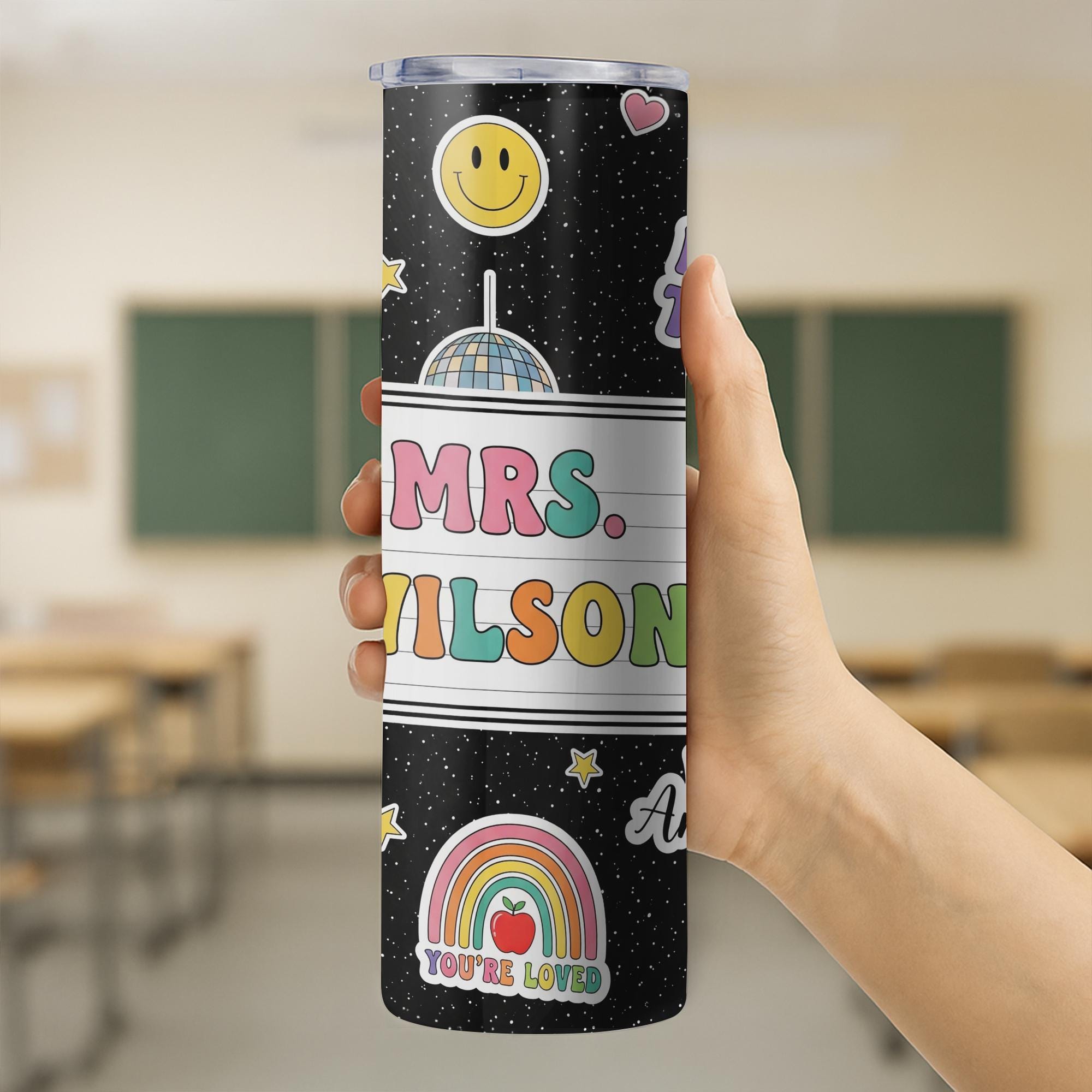 Personalized 20oz Teacher Tumbler, Back to School Gift, Custom Name Cup, Cute Rainbow Teacher Mug, Classroom Appreciation Cup