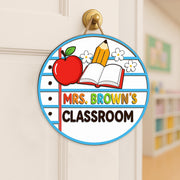 Personalized Classroom Door Sign – 2 Layer Teacher Name Wooden Sign with Apple & Pencil – Custom Back to School Teacher Decor