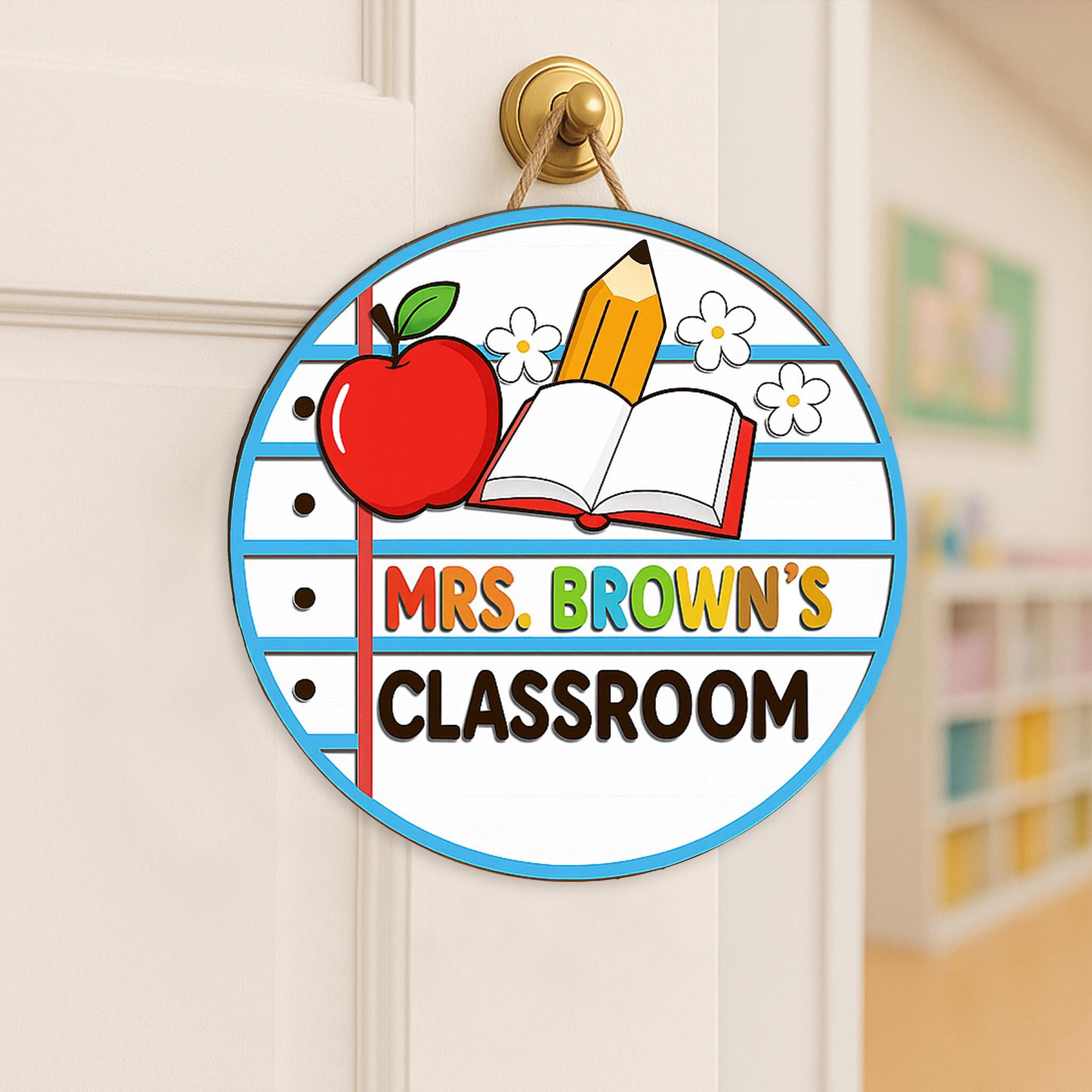 Personalized Classroom Door Sign – 2 Layer Teacher Name Wooden Sign with Apple & Pencil – Custom Back to School Teacher Decor