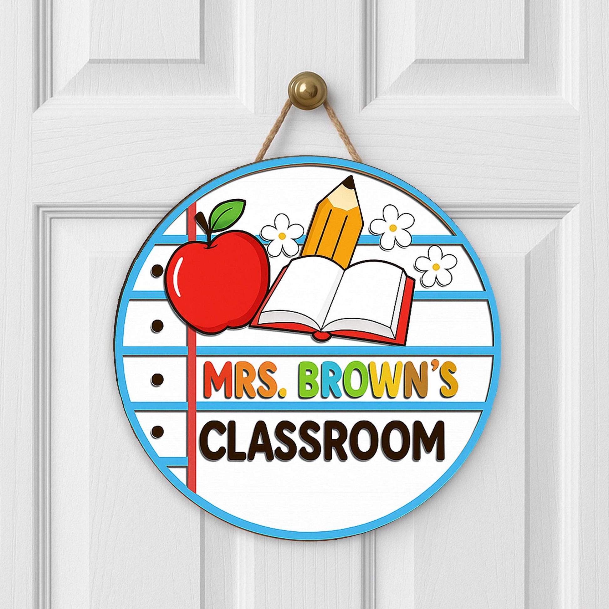 Personalized Classroom Door Sign – 2 Layer Teacher Name Wooden Sign with Apple & Pencil – Custom Back to School Teacher Decor