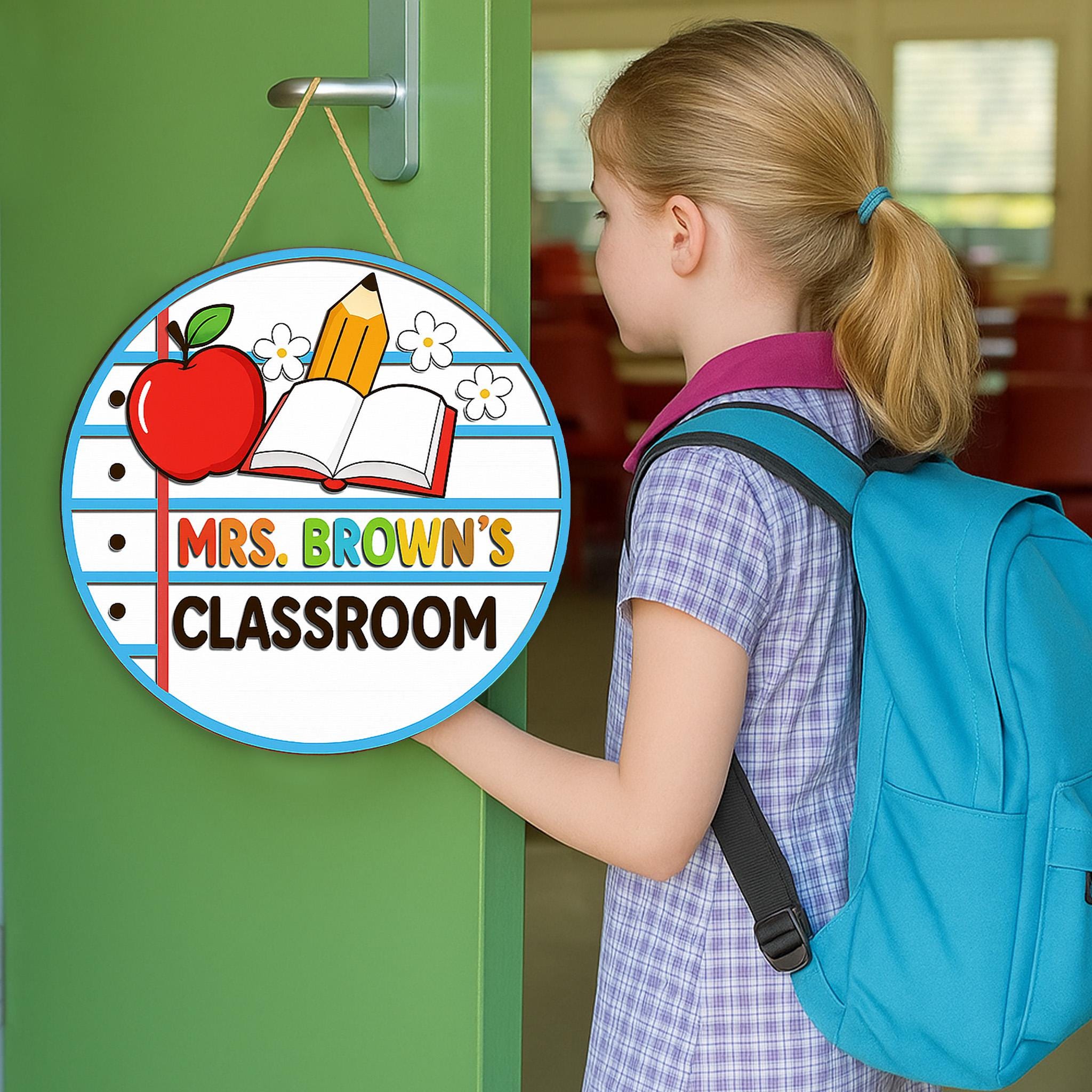 Personalized Classroom Door Sign – 2 Layer Teacher Name Wooden Sign with Apple & Pencil – Custom Back to School Teacher Decor