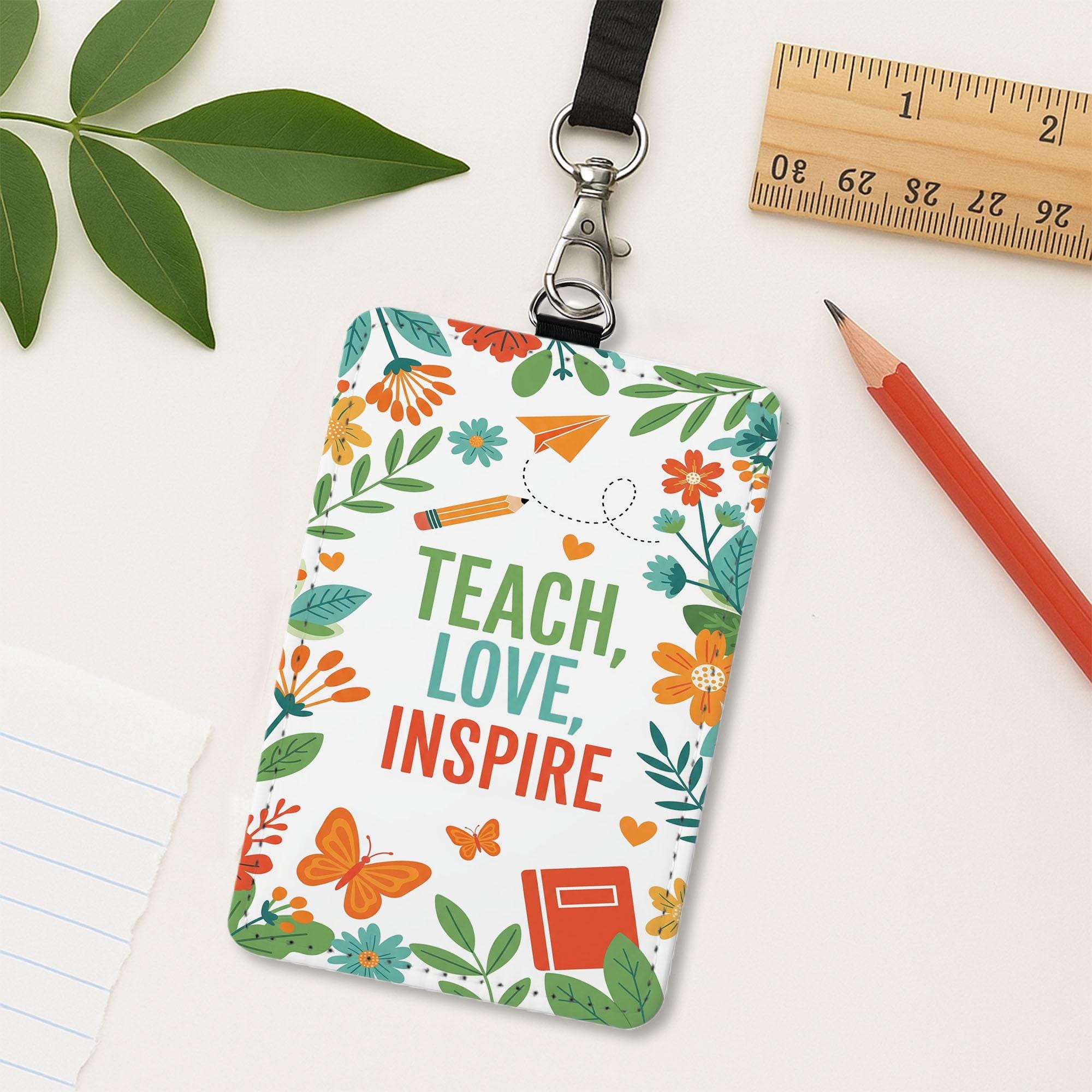 Teach Love Inspire Badge Holder – Floral Leather Teacher ID Holder with Lanyard – Cute Back to School Gift for Educators & Staff