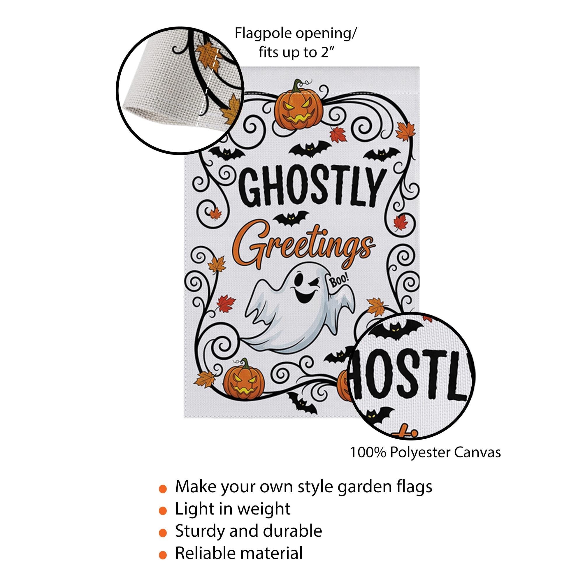 Ghostly Greetings Halloween Garden Flag – Cute Ghost Yard Decor with Pumpkins, Bats & Fall Leaves for Spooky Outdoor Decoration