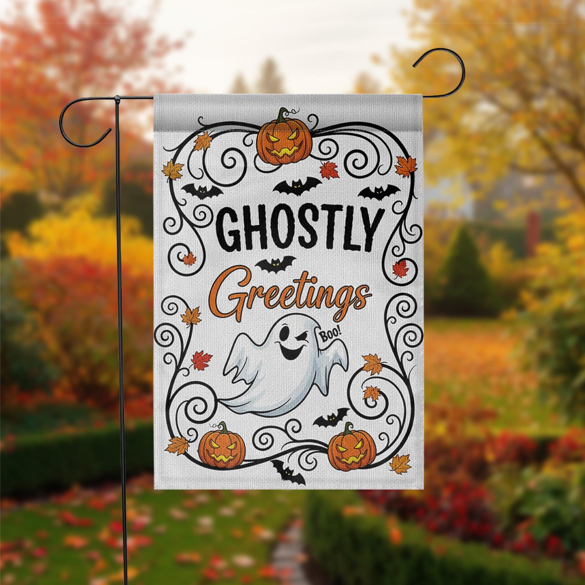 Ghostly Greetings Halloween Garden Flag – Cute Ghost Yard Decor with Pumpkins, Bats & Fall Leaves for Spooky Outdoor Decoration