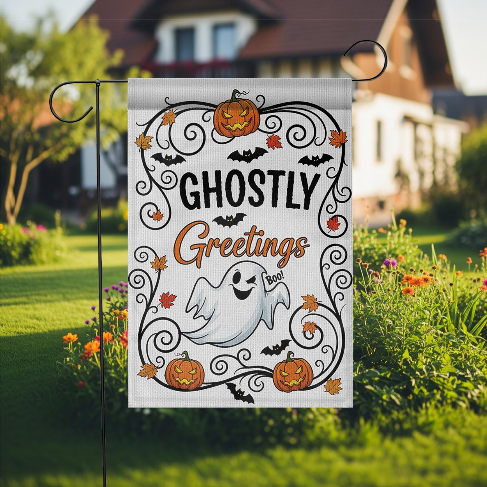 Ghostly Greetings Halloween Garden Flag – Cute Ghost Yard Decor with Pumpkins, Bats & Fall Leaves for Spooky Outdoor Decoration