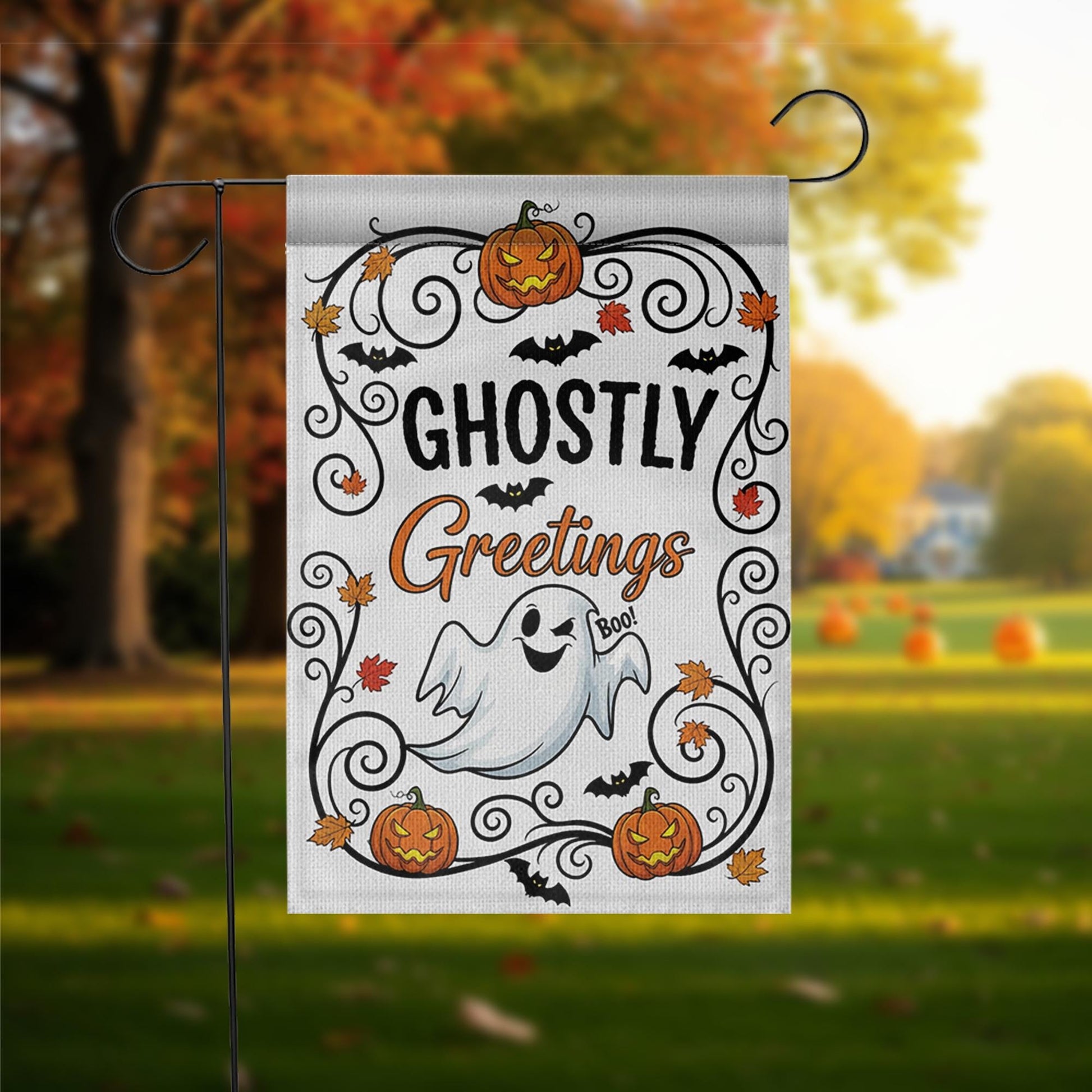 Ghostly Greetings Halloween Garden Flag – Cute Ghost Yard Decor with Pumpkins, Bats & Fall Leaves for Spooky Outdoor Decoration