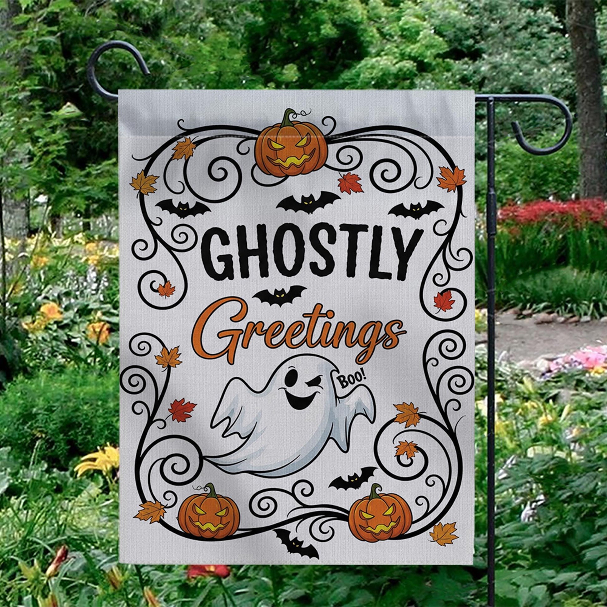 Ghostly Greetings Halloween Garden Flag – Cute Ghost Yard Decor with Pumpkins, Bats & Fall Leaves for Spooky Outdoor Decoration