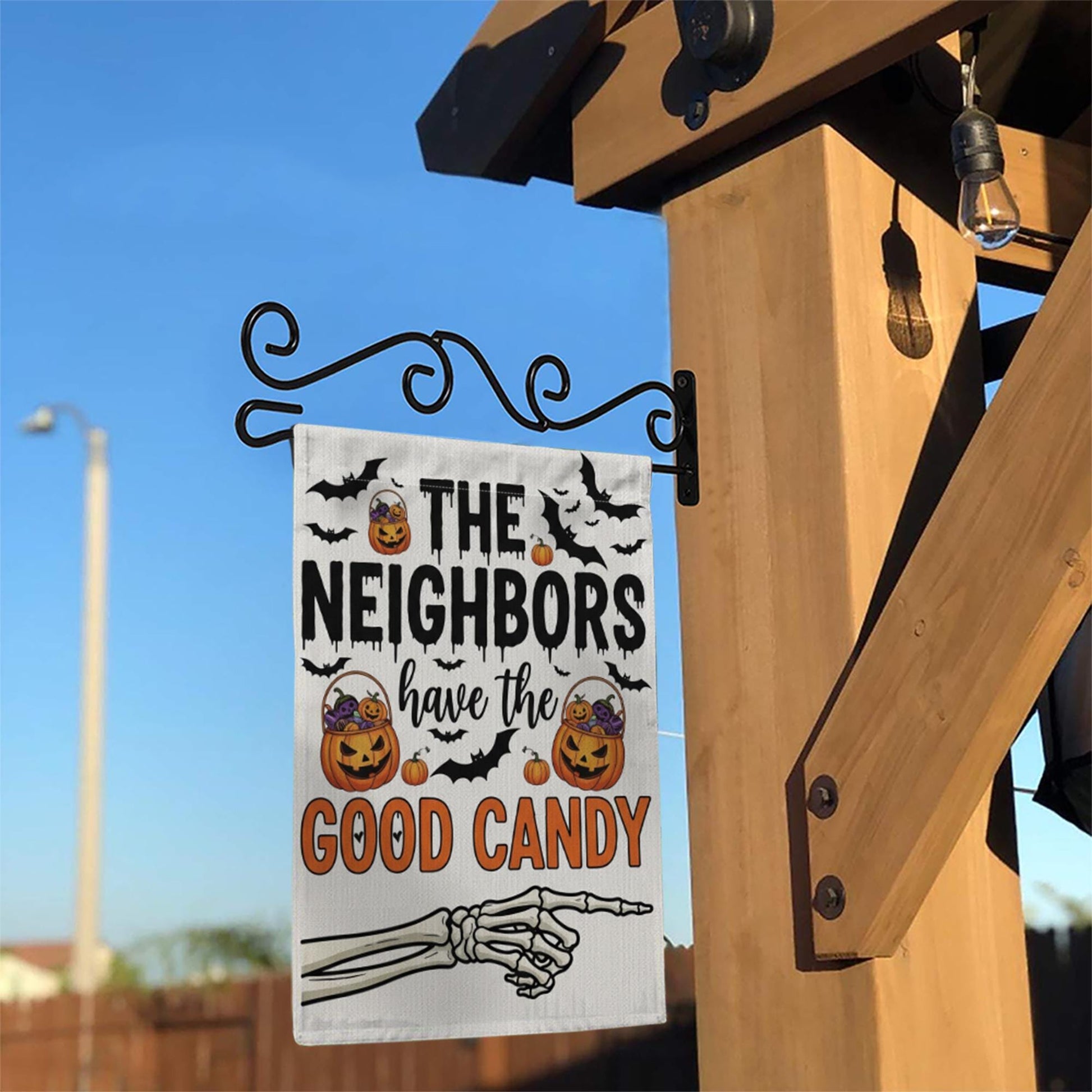 Funny Halloween Garden Flag – “The Neighbors Have the Good Candy” Skeleton Hand Trick or Treat Outdoor Yard Sign Decor