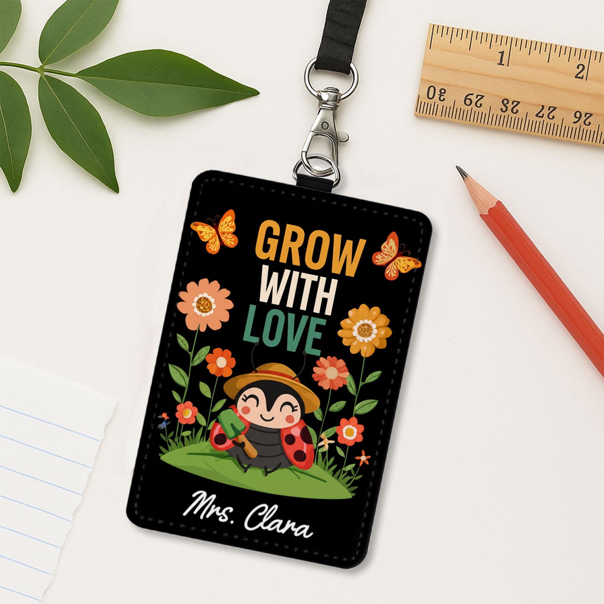 Grow With Love Leather Badge Holder – Cute Ladybug Teacher ID Card Holder with Flowers – Personalized Lanyard Gift for Educators