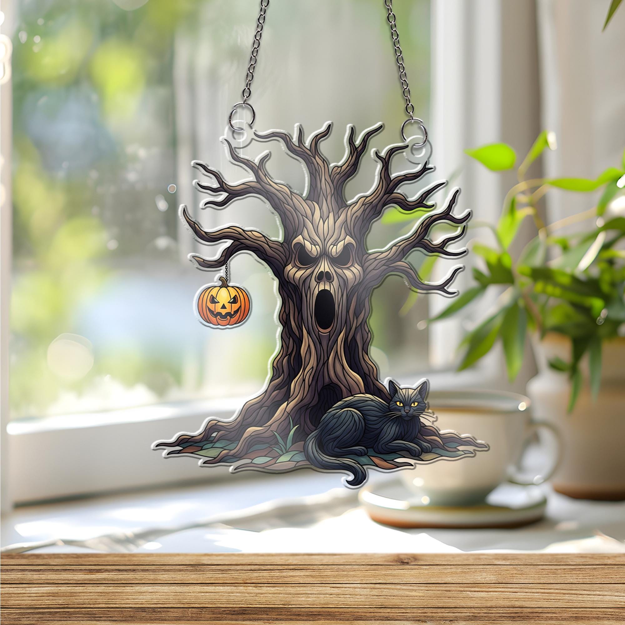 Spooky Tree & Black Cat Window Hanging – Halloween Haunted Tree with Pumpkin Lantern Suncatcher for Creepy Fall Home Decor