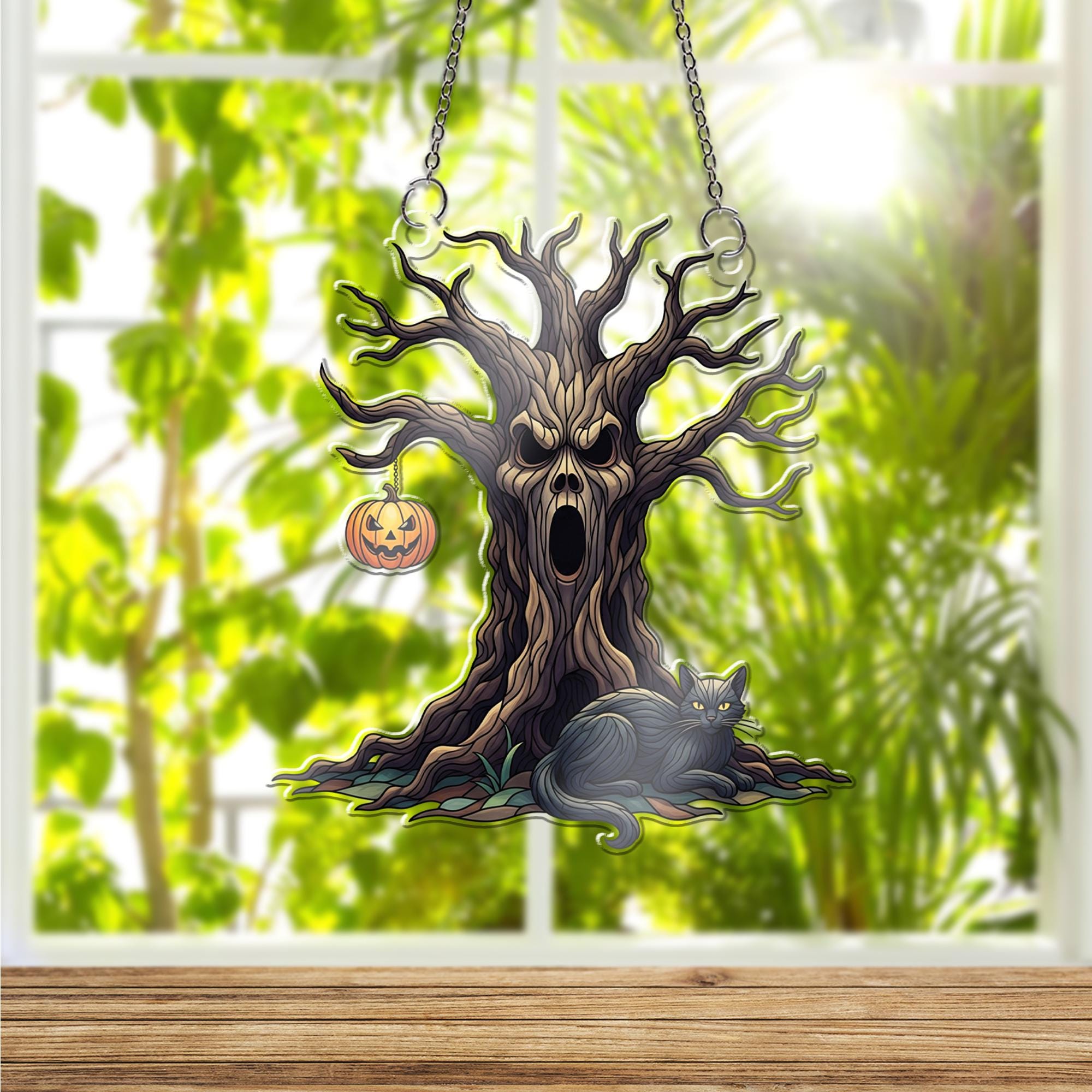Spooky Tree & Black Cat Window Hanging – Halloween Haunted Tree with Pumpkin Lantern Suncatcher for Creepy Fall Home Decor