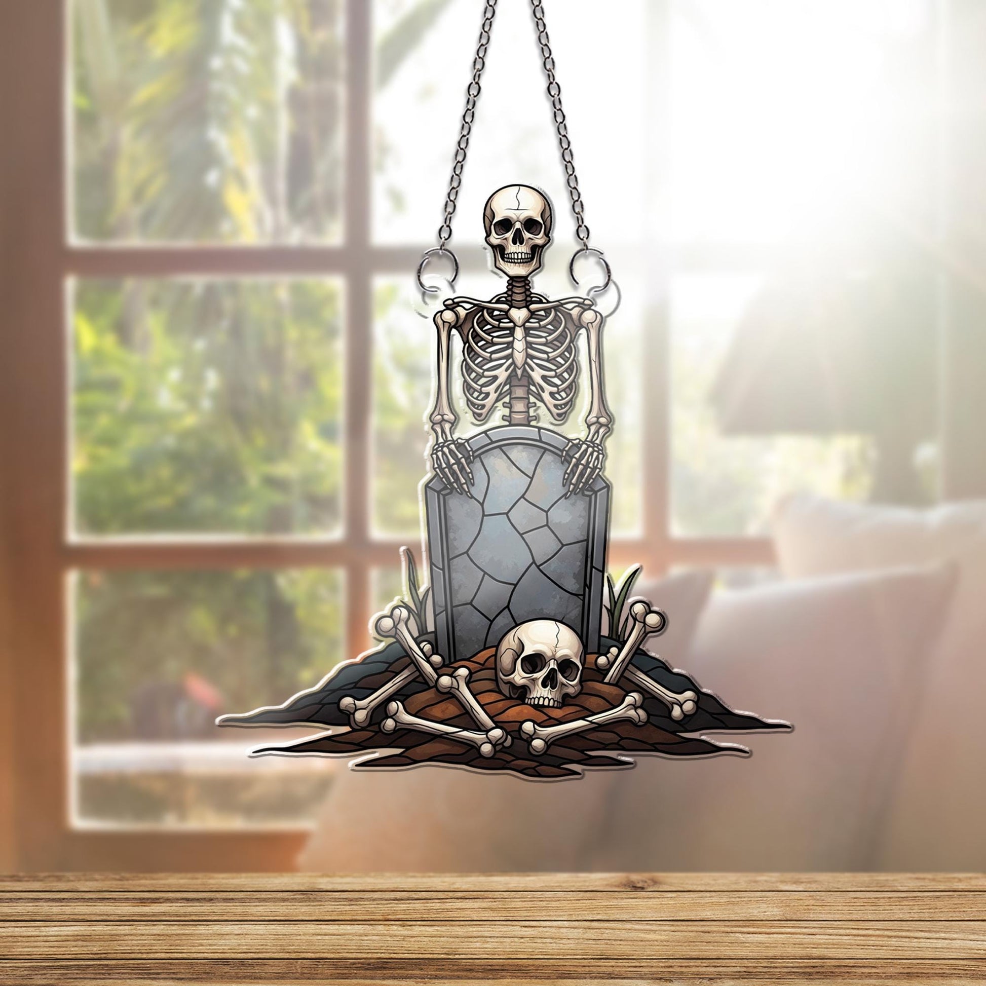 Skeleton Graveyard Window Hanging – Creepy Halloween Suncatcher with Skull and Tombstone for Spooky Gothic Home Decor