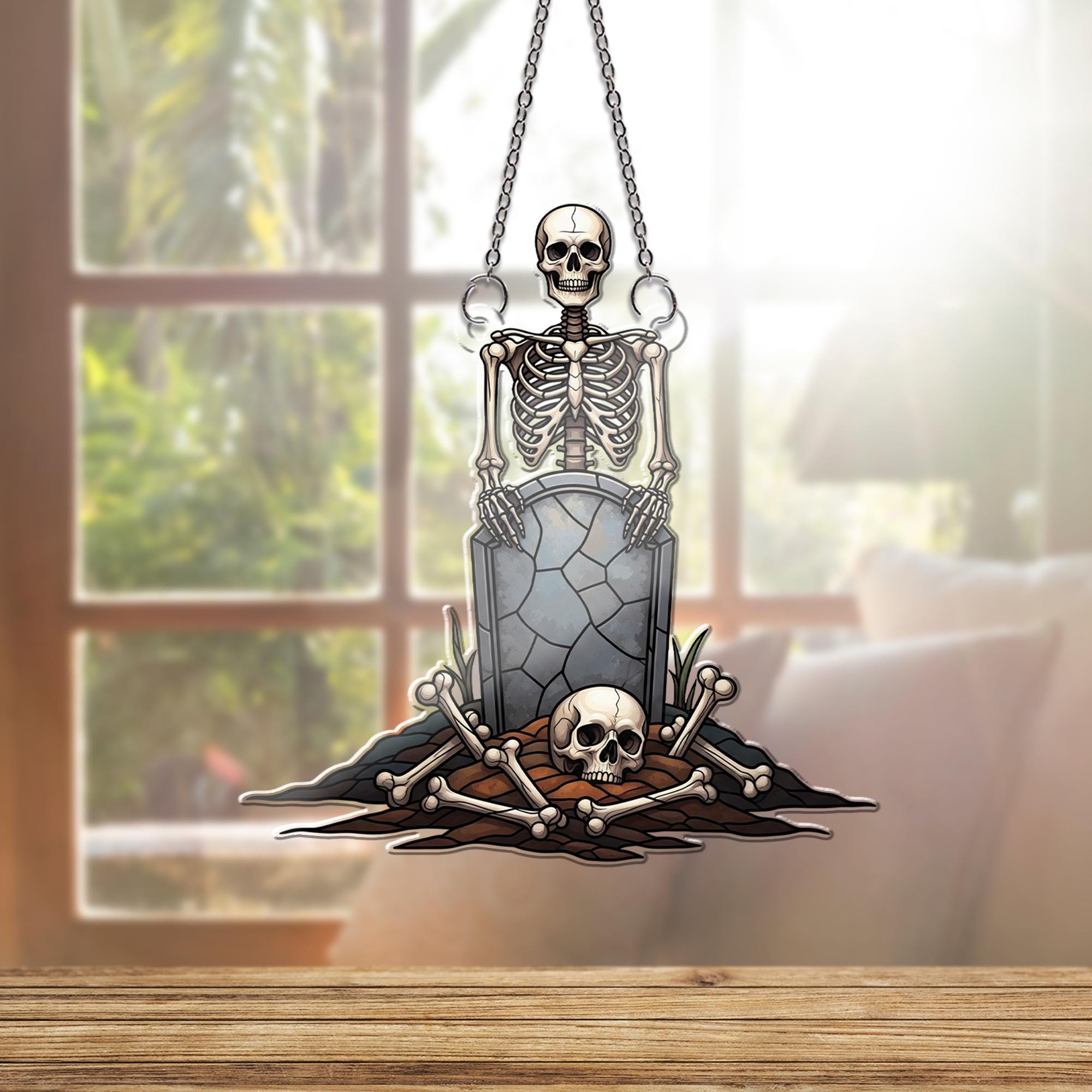 Skeleton Graveyard Window Hanging – Creepy Halloween Suncatcher with Skull and Tombstone for Spooky Gothic Home Decor