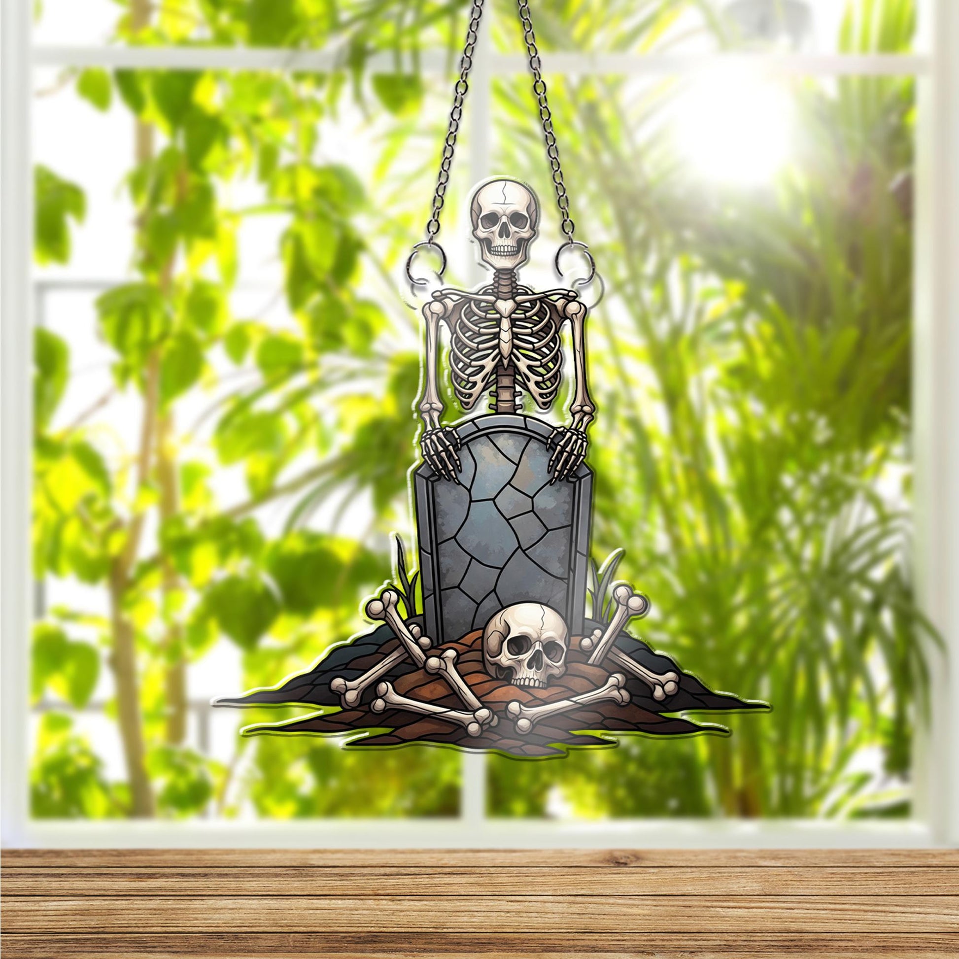 Skeleton Graveyard Window Hanging – Creepy Halloween Suncatcher with Skull and Tombstone for Spooky Gothic Home Decor