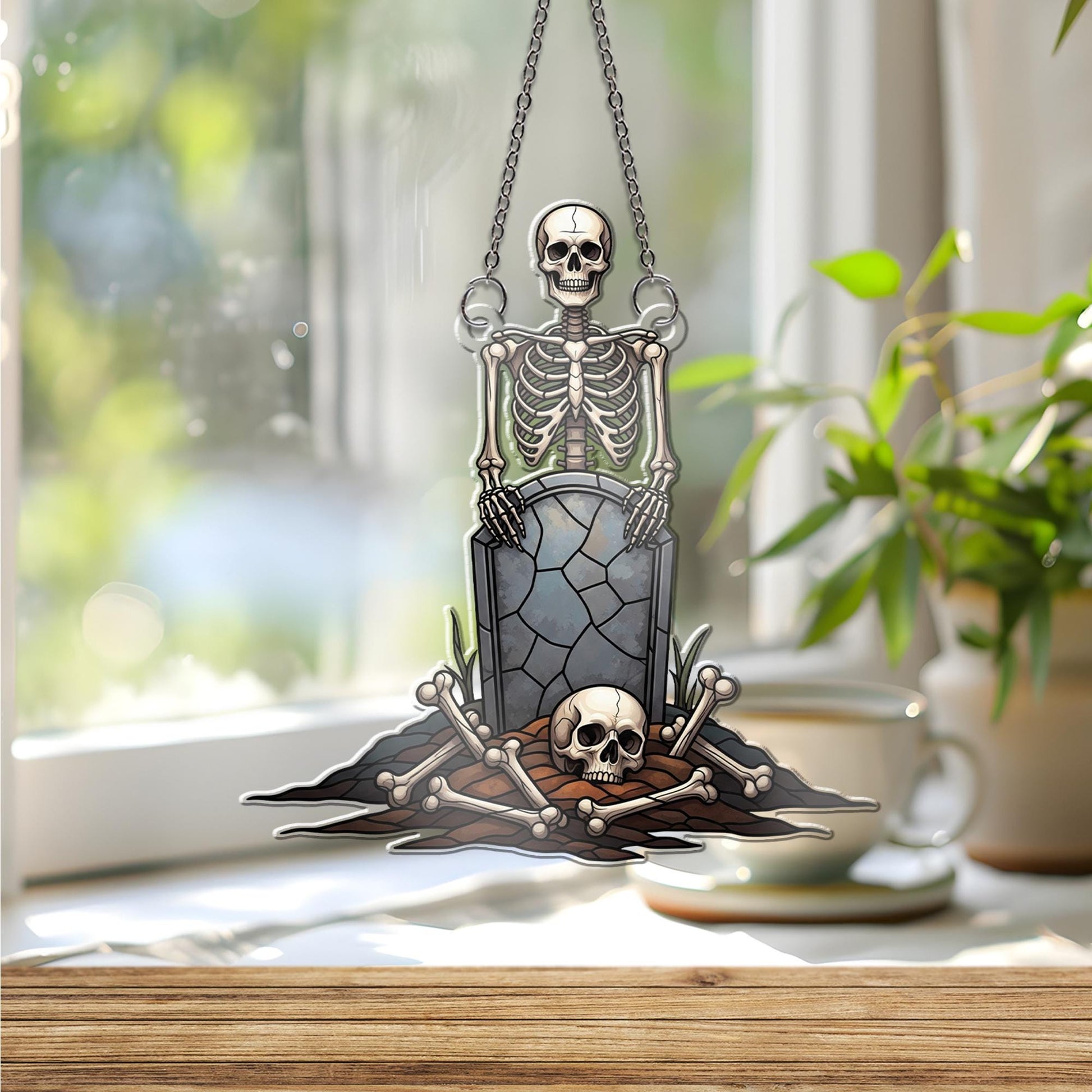 Skeleton Graveyard Window Hanging – Creepy Halloween Suncatcher with Skull and Tombstone for Spooky Gothic Home Decor