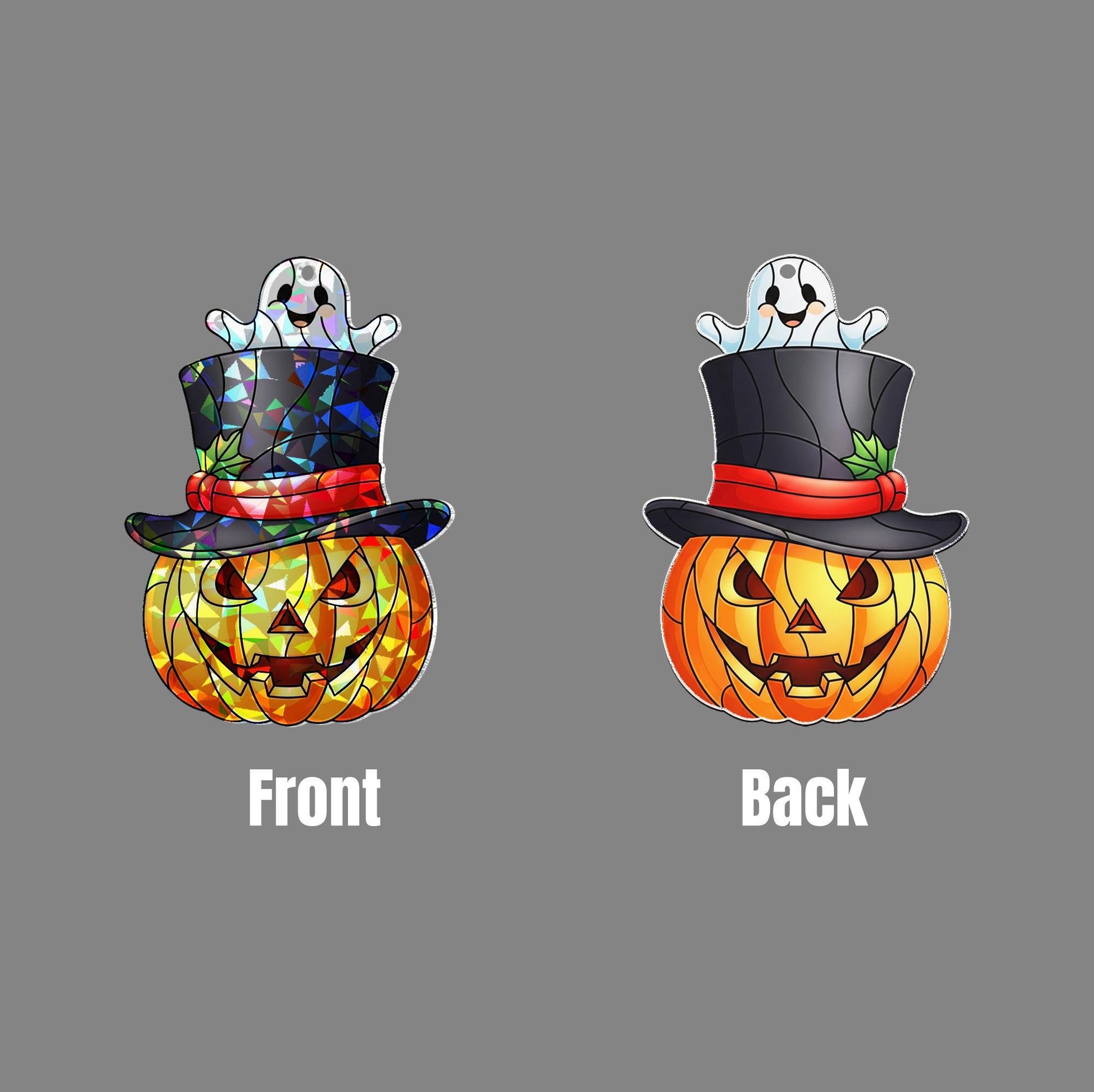 Holographic Pumpkin Ghost Window Hanging – Halloween Jack-O’-Lantern Suncatcher with Top Hat for Spooky Fall Home Decor