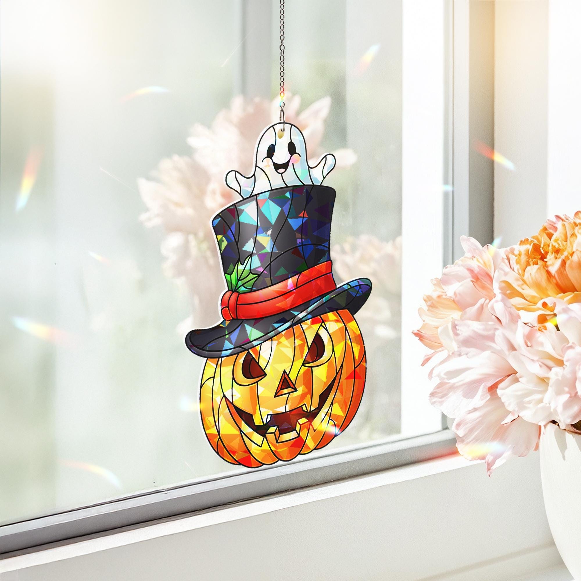 Holographic Pumpkin Ghost Window Hanging – Halloween Jack-O’-Lantern Suncatcher with Top Hat for Spooky Fall Home Decor