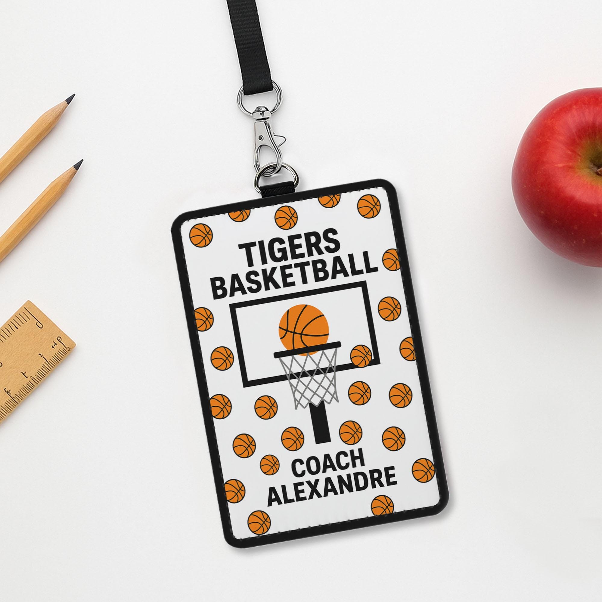 Basketball Coach Leather Badge Holder – Personalized Tigers Team ID Holder with Hoop Design – Custom Gift for Sports Coaches