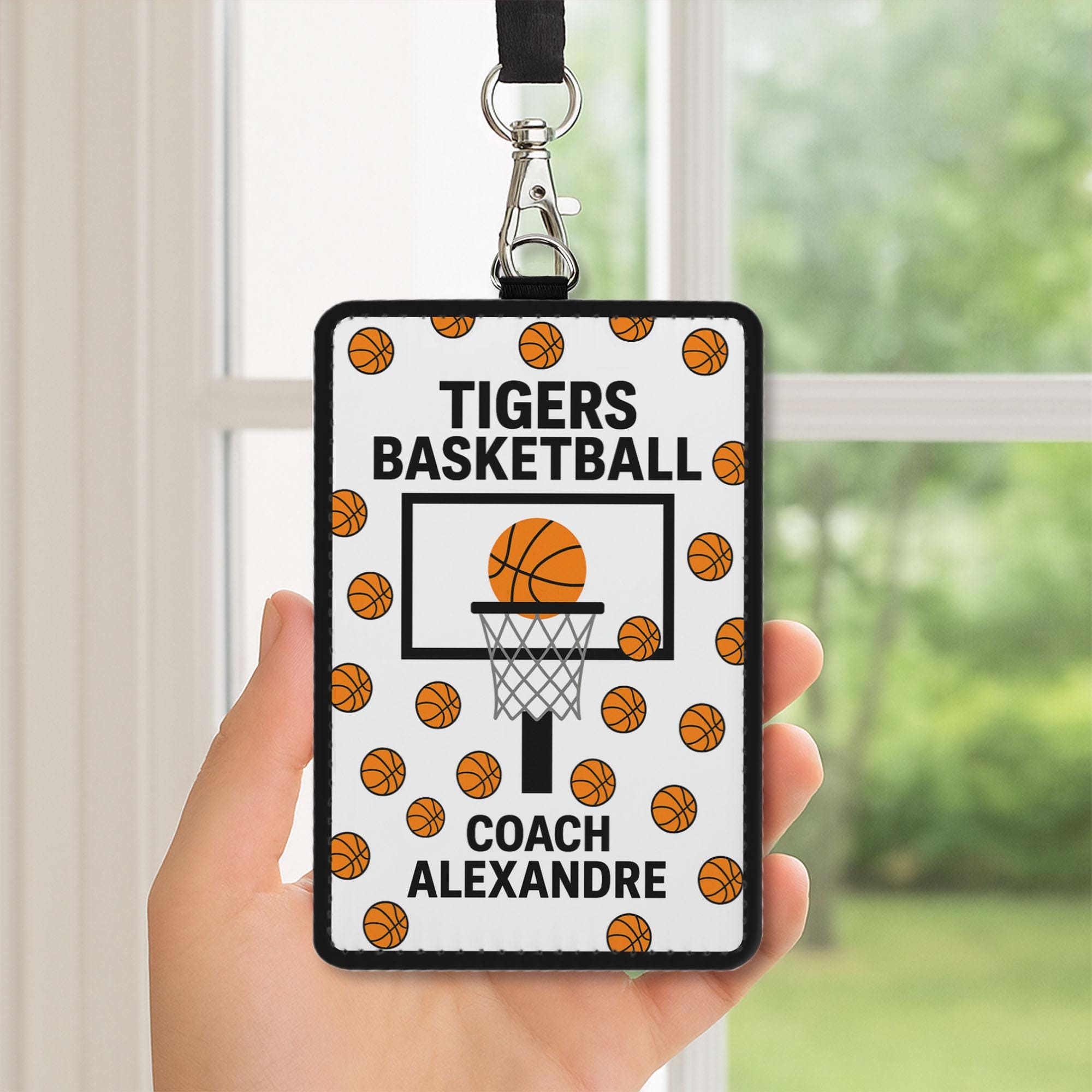 Basketball Coach Leather Badge Holder – Personalized Tigers Team ID Holder with Hoop Design – Custom Gift for Sports Coaches