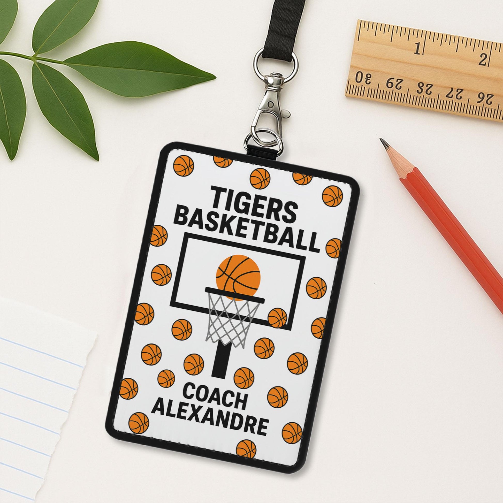 Basketball Coach Leather Badge Holder – Personalized Tigers Team ID Holder with Hoop Design – Custom Gift for Sports Coaches