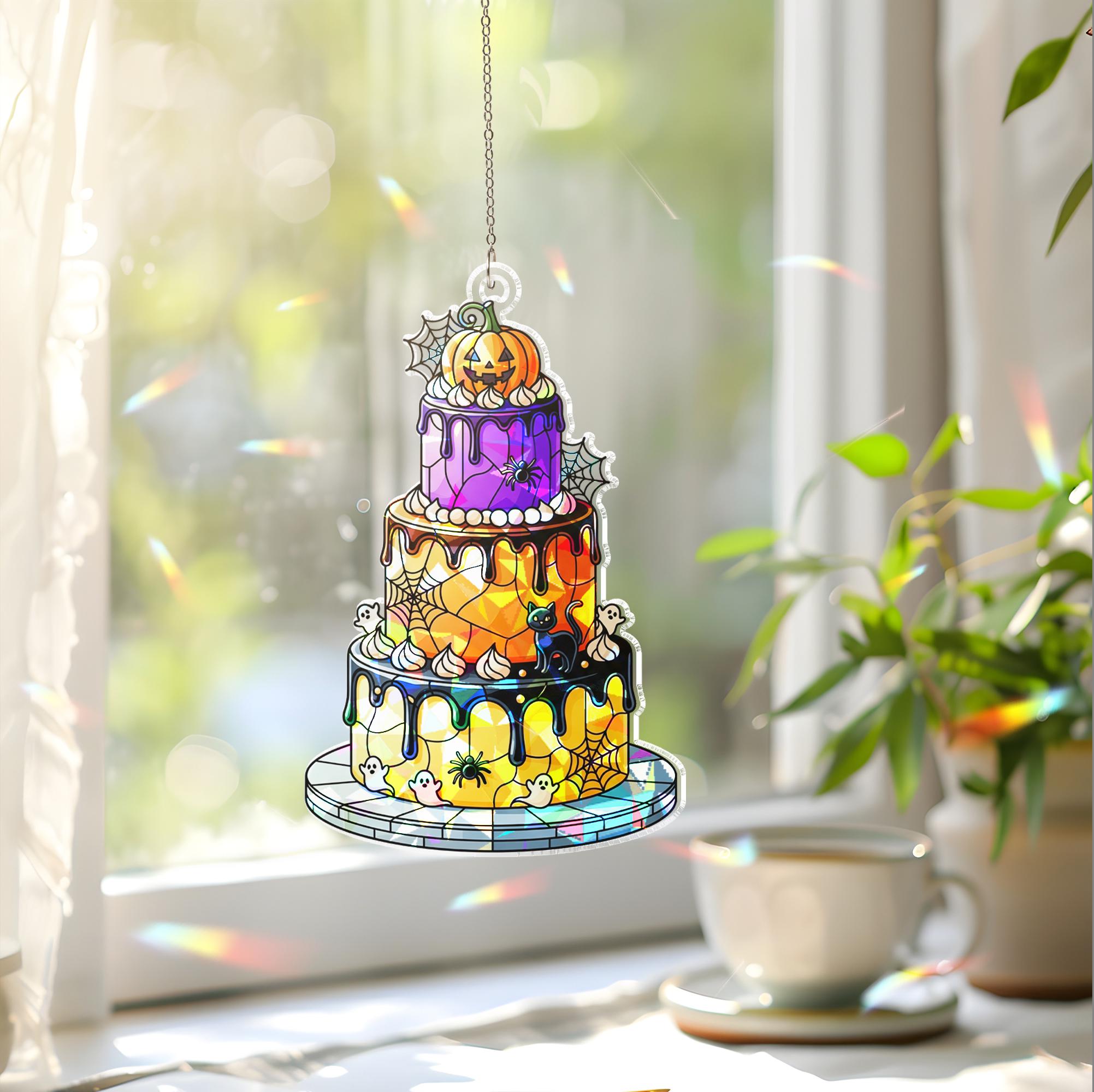 Halloween Cake Holographic Window Hanging – Cute Spooky Layered Cake Suncatcher with Ghosts, Spiderwebs & Pumpkin Décor