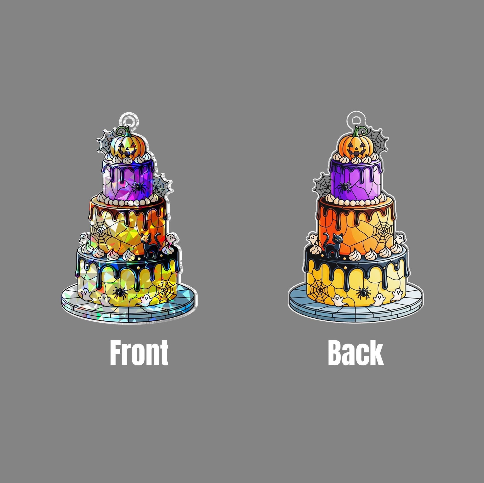 Halloween Cake Holographic Window Hanging – Cute Spooky Layered Cake Suncatcher with Ghosts, Spiderwebs & Pumpkin Décor