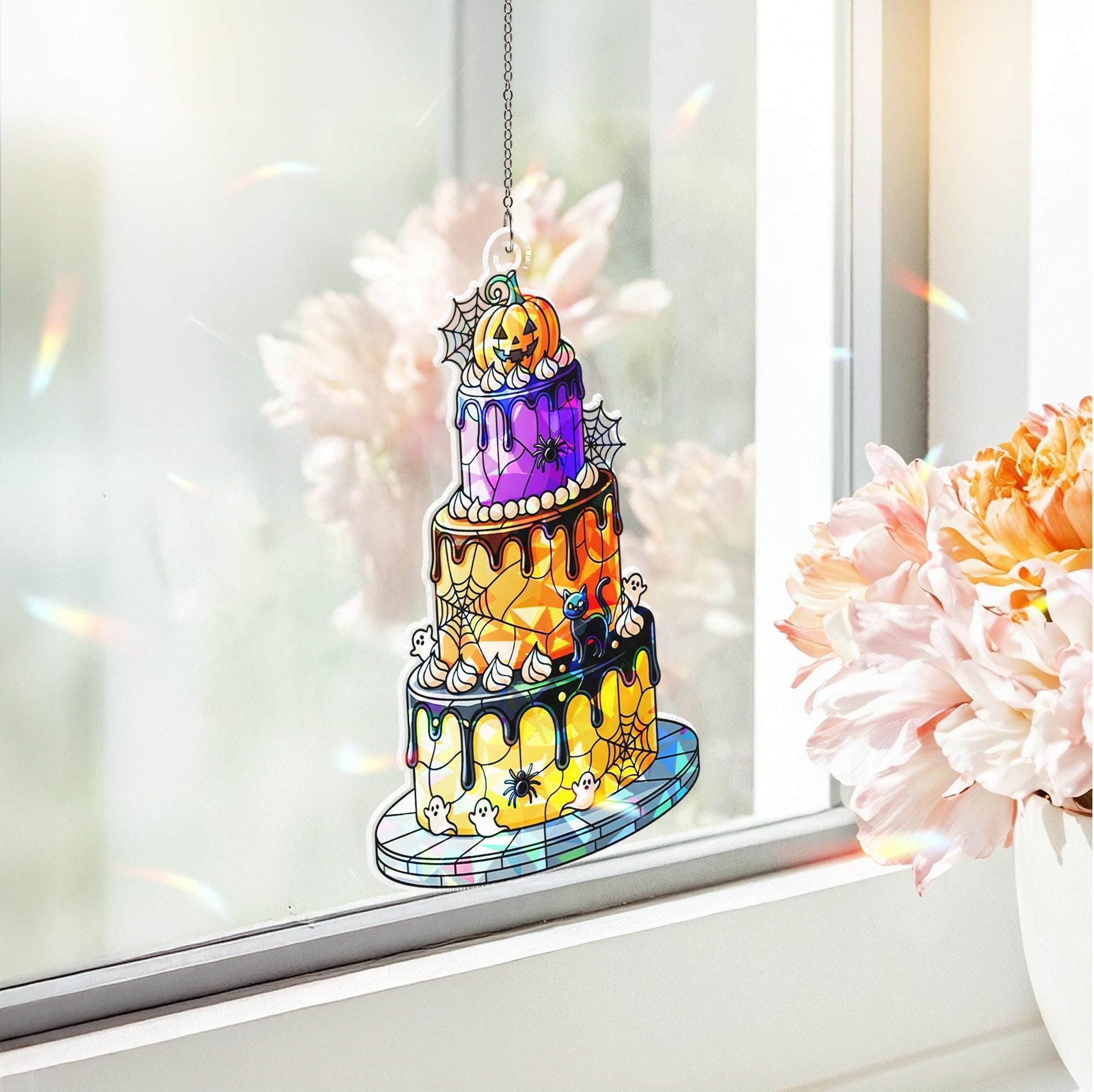 Halloween Cake Holographic Window Hanging – Cute Spooky Layered Cake Suncatcher with Ghosts, Spiderwebs & Pumpkin Décor