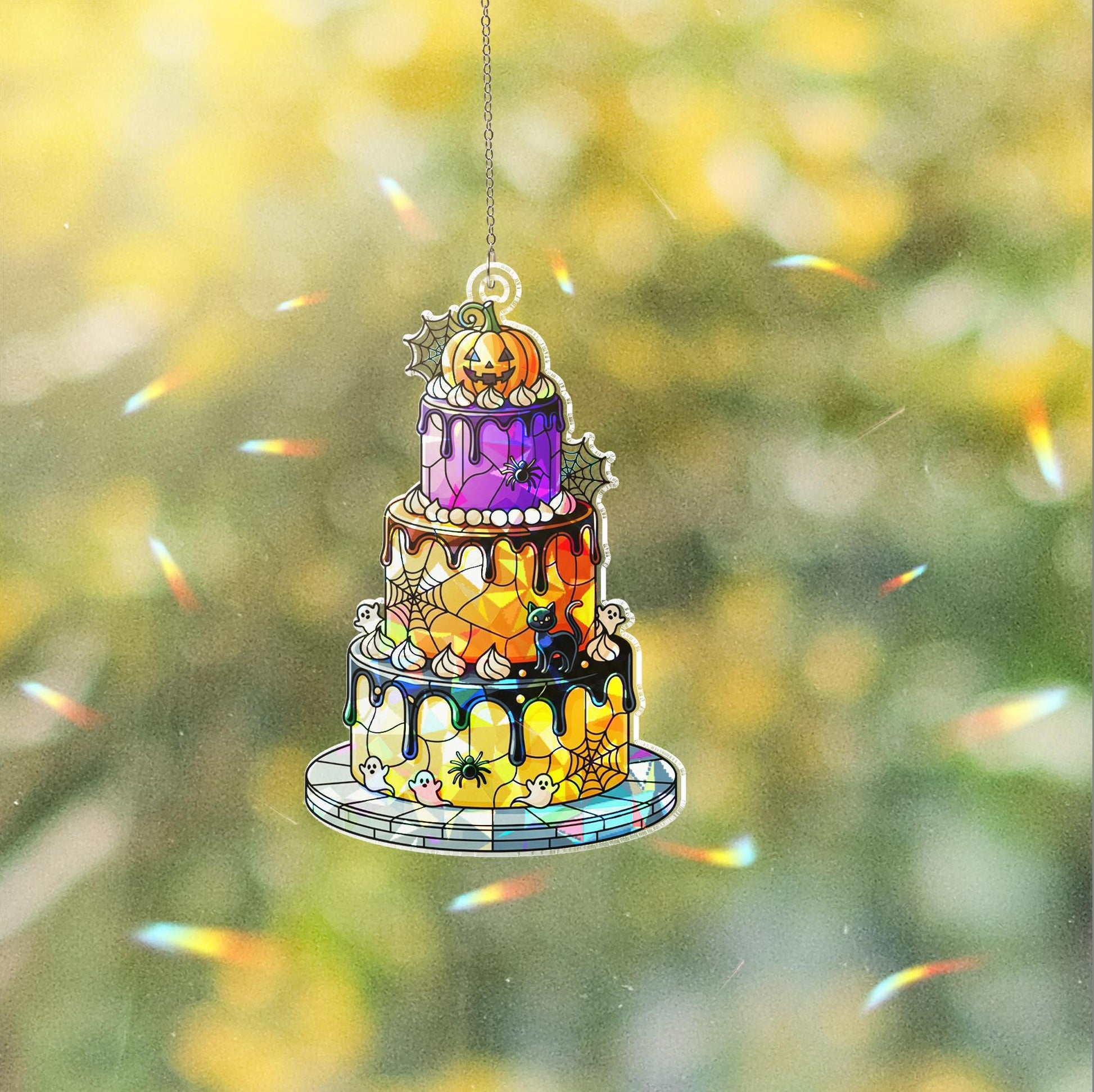 Halloween Cake Holographic Window Hanging – Cute Spooky Layered Cake Suncatcher with Ghosts, Spiderwebs & Pumpkin Décor