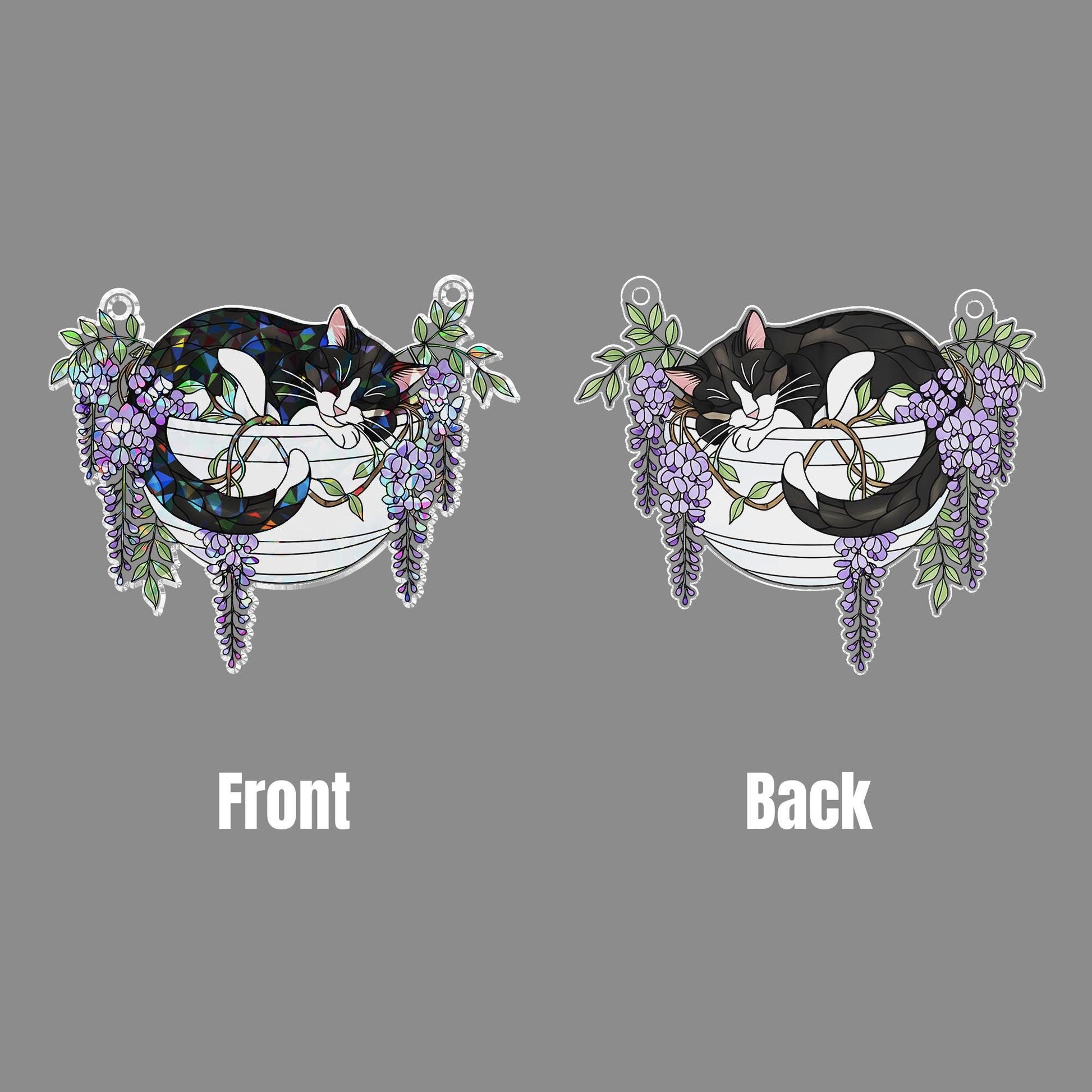 Tuxedo Cat with Wisteria Flowers Hologram Ornament, Sleeping Tuxedo Cat ACRYLIC Hanging Window Decor, Wisteria Floral Art, Cat Lover Gift