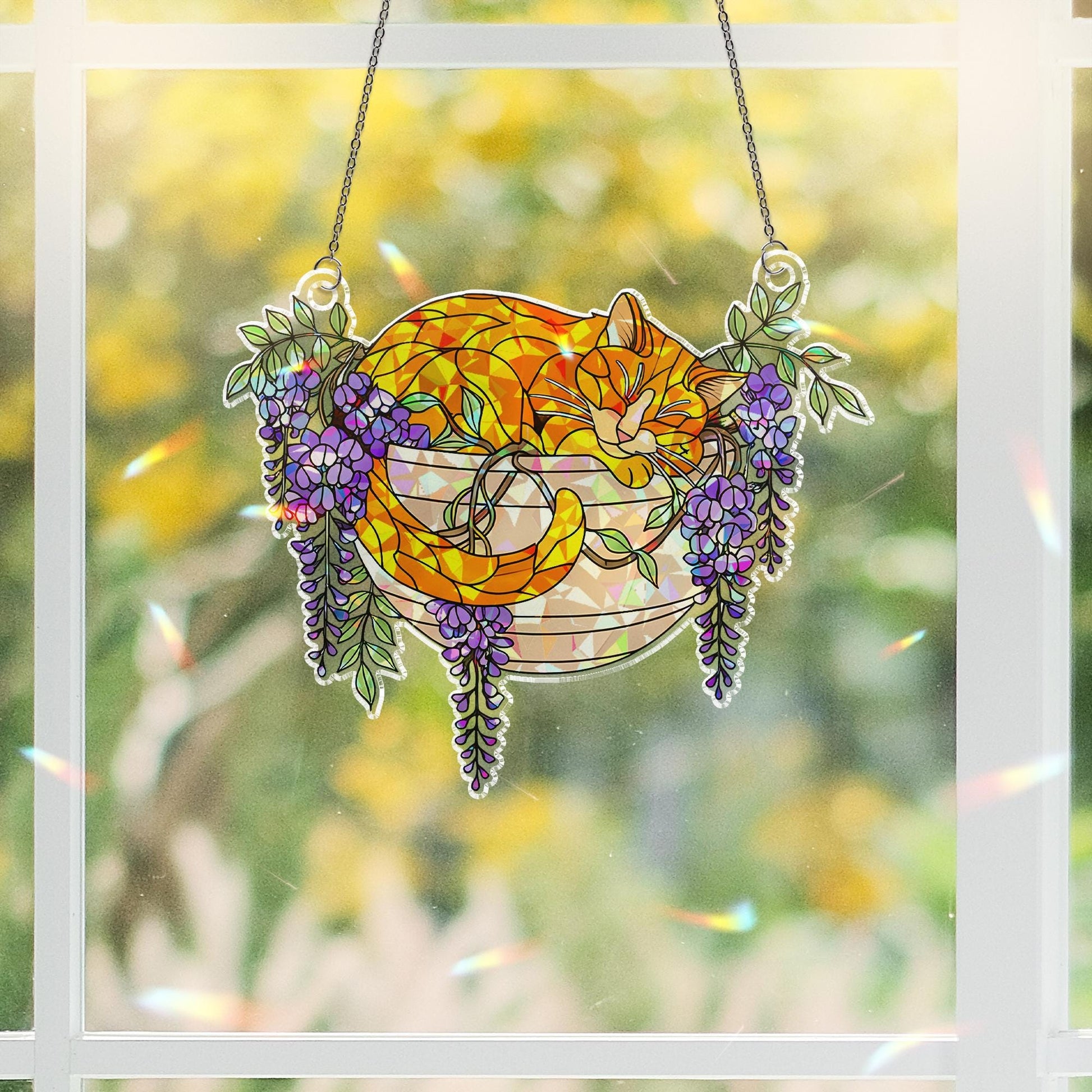 Orange Cat with Wisteria Flowers Hologram Ornament, Sleeping Orange Cat ACRYLIC Hanging Window Decor, Wisteria Floral Art , Cat Lover Gift