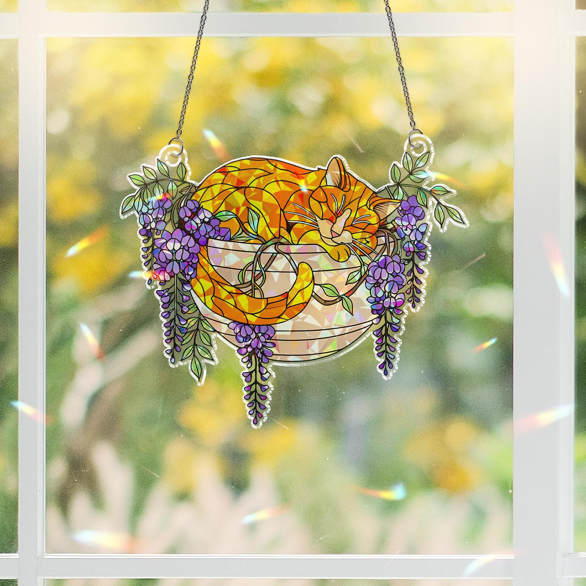 Orange Cat with Wisteria Flowers Hologram Ornament, Sleeping Orange Cat ACRYLIC Hanging Window Decor, Wisteria Floral Art , Cat Lover Gift