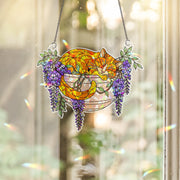 Orange Cat with Wisteria Flowers Hologram Ornament, Sleeping Orange Cat ACRYLIC Hanging Window Decor, Wisteria Floral Art , Cat Lover Gift