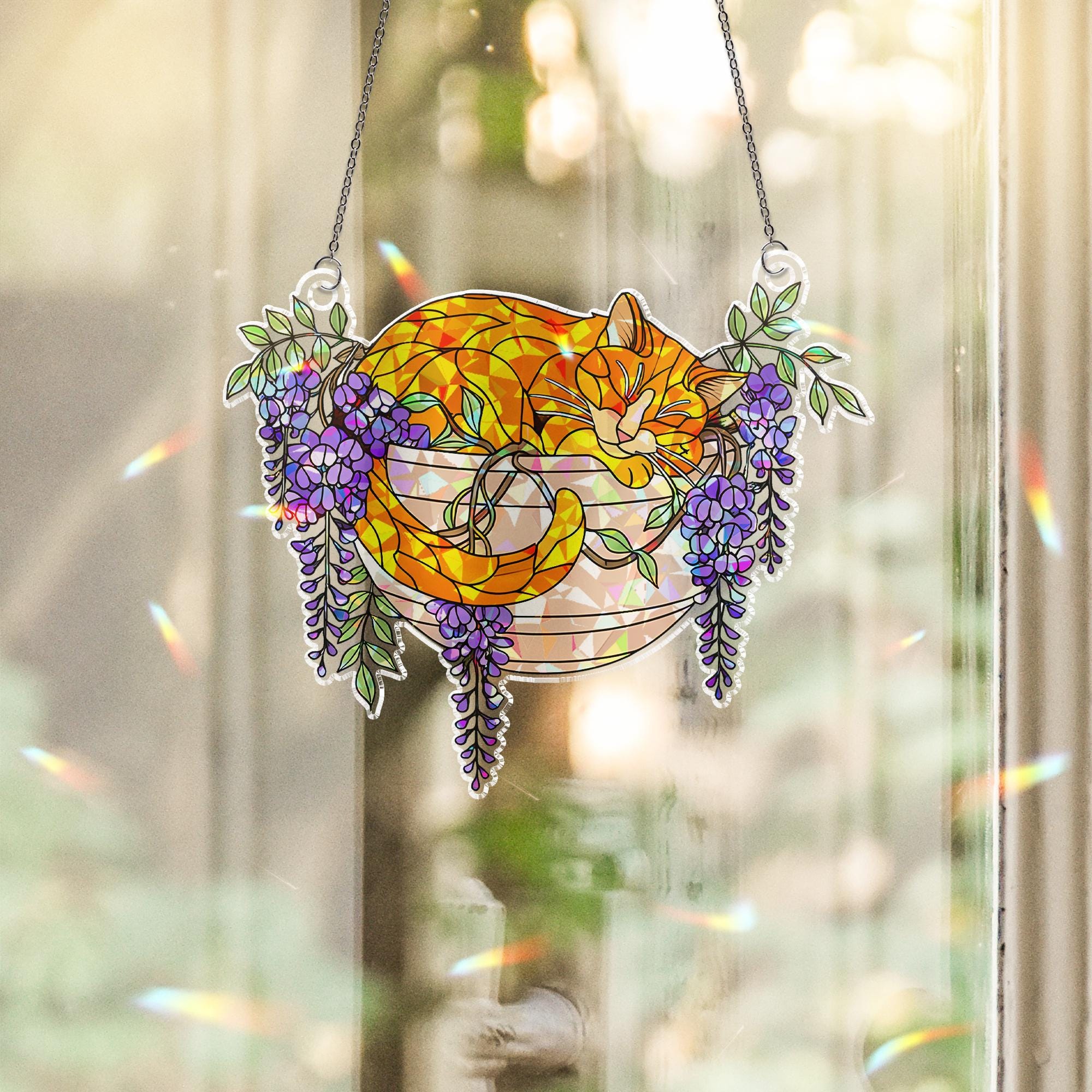 Orange Cat with Wisteria Flowers Hologram Ornament, Sleeping Orange Cat ACRYLIC Hanging Window Decor, Wisteria Floral Art , Cat Lover Gift