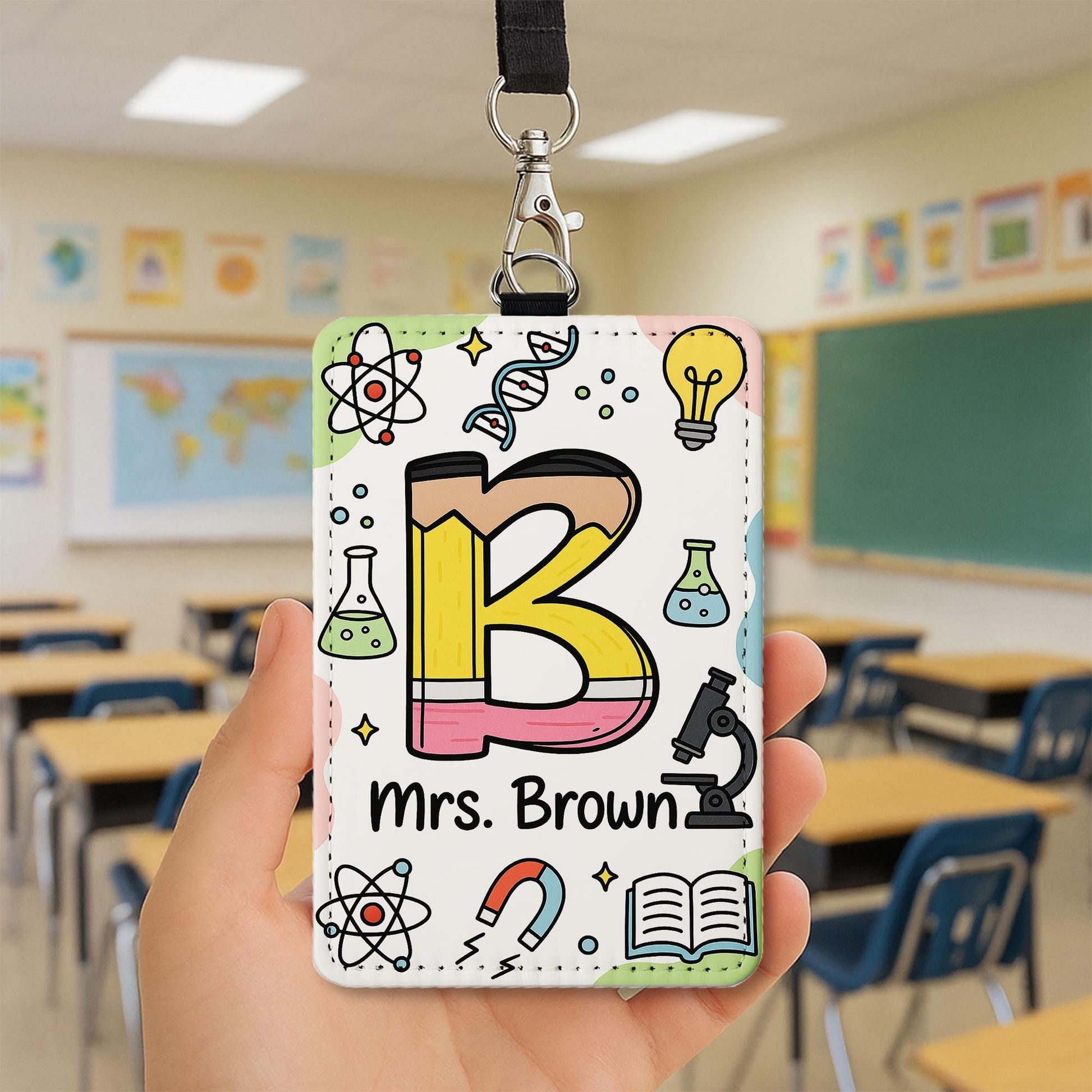 Custom Teacher ID Badge Holder, Personalized Science Theme Lanyard Tag, Back to School Gift for teacher, Cute Teacher Accessory