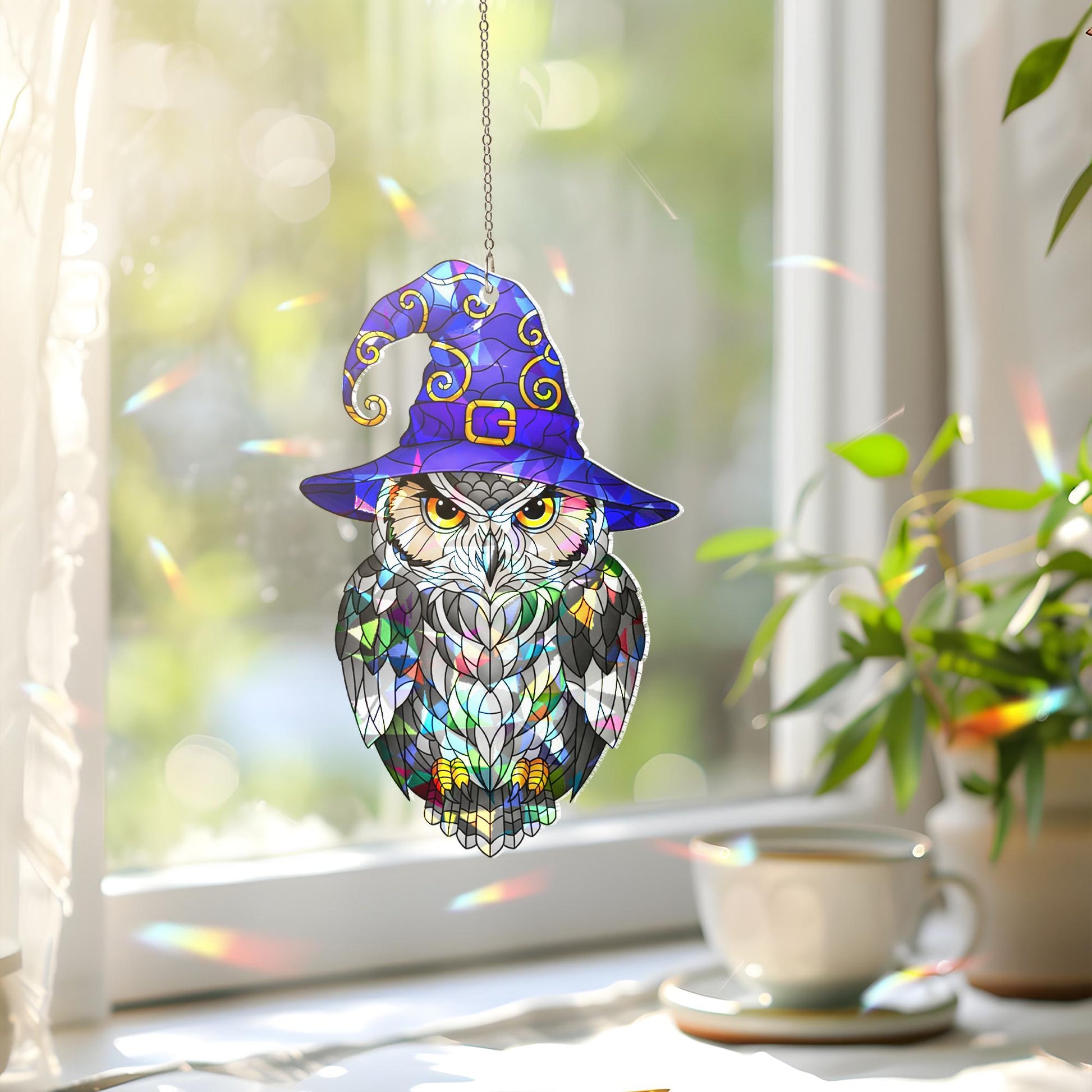 Witchy Owl Hologram Window Hanging – Stained Glass Style Halloween Suncatcher for Spooky Fall Home or Gift Decor
