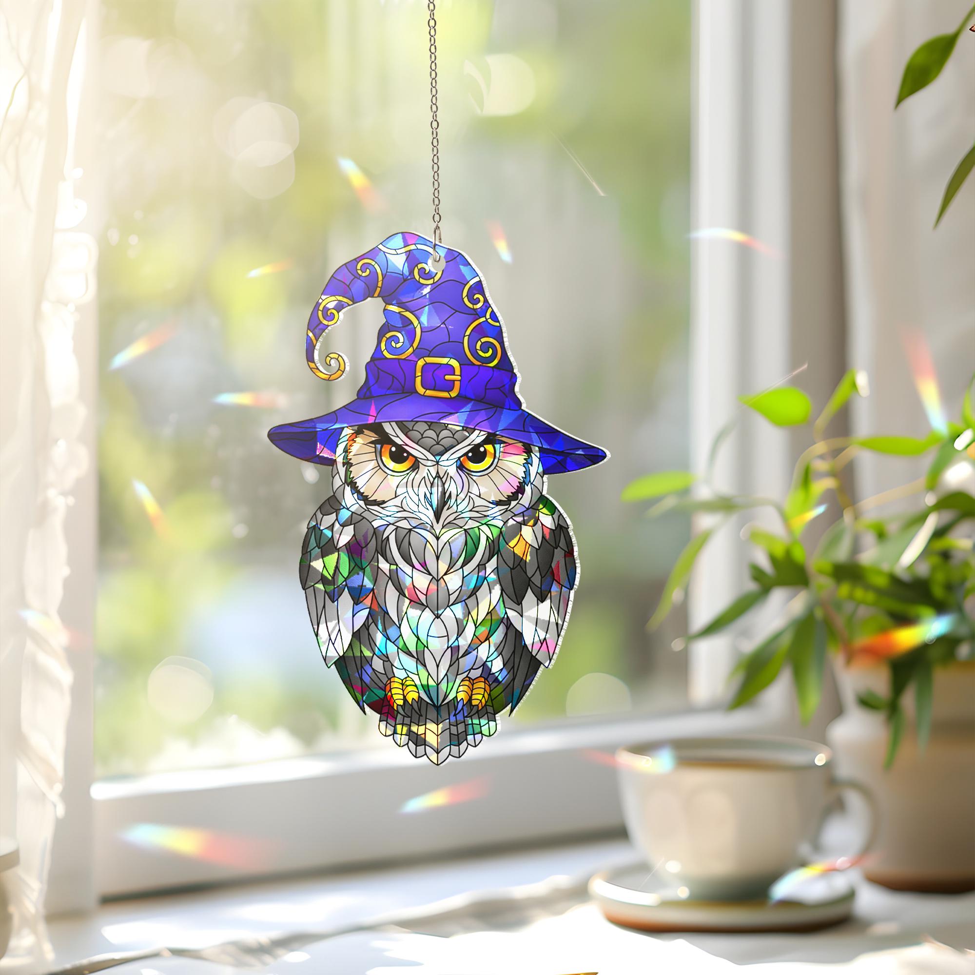 Witchy Owl Hologram Window Hanging – Stained Glass Style Halloween Suncatcher for Spooky Fall Home or Gift Decor