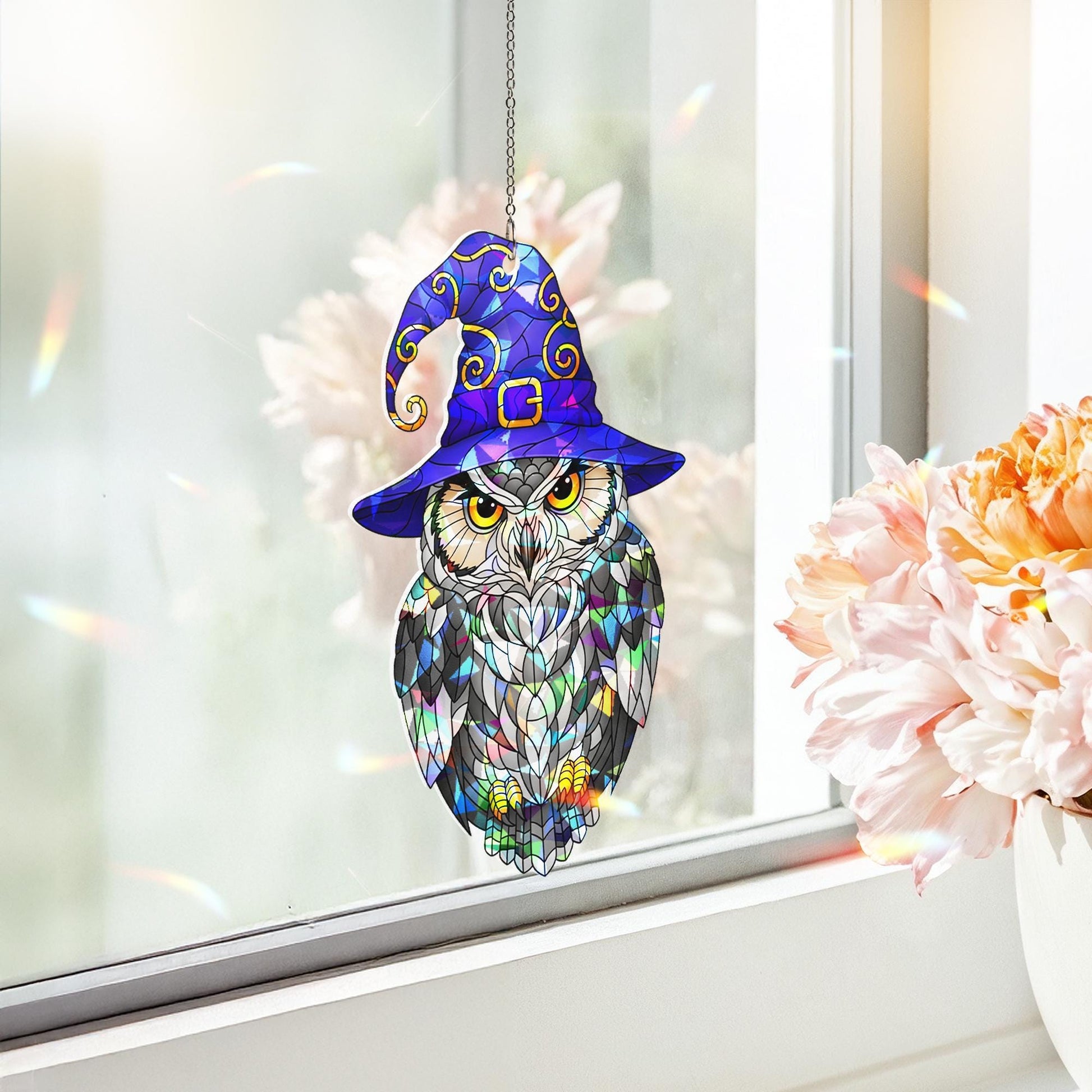 Witchy Owl Hologram Window Hanging – Stained Glass Style Halloween Suncatcher for Spooky Fall Home or Gift Decor