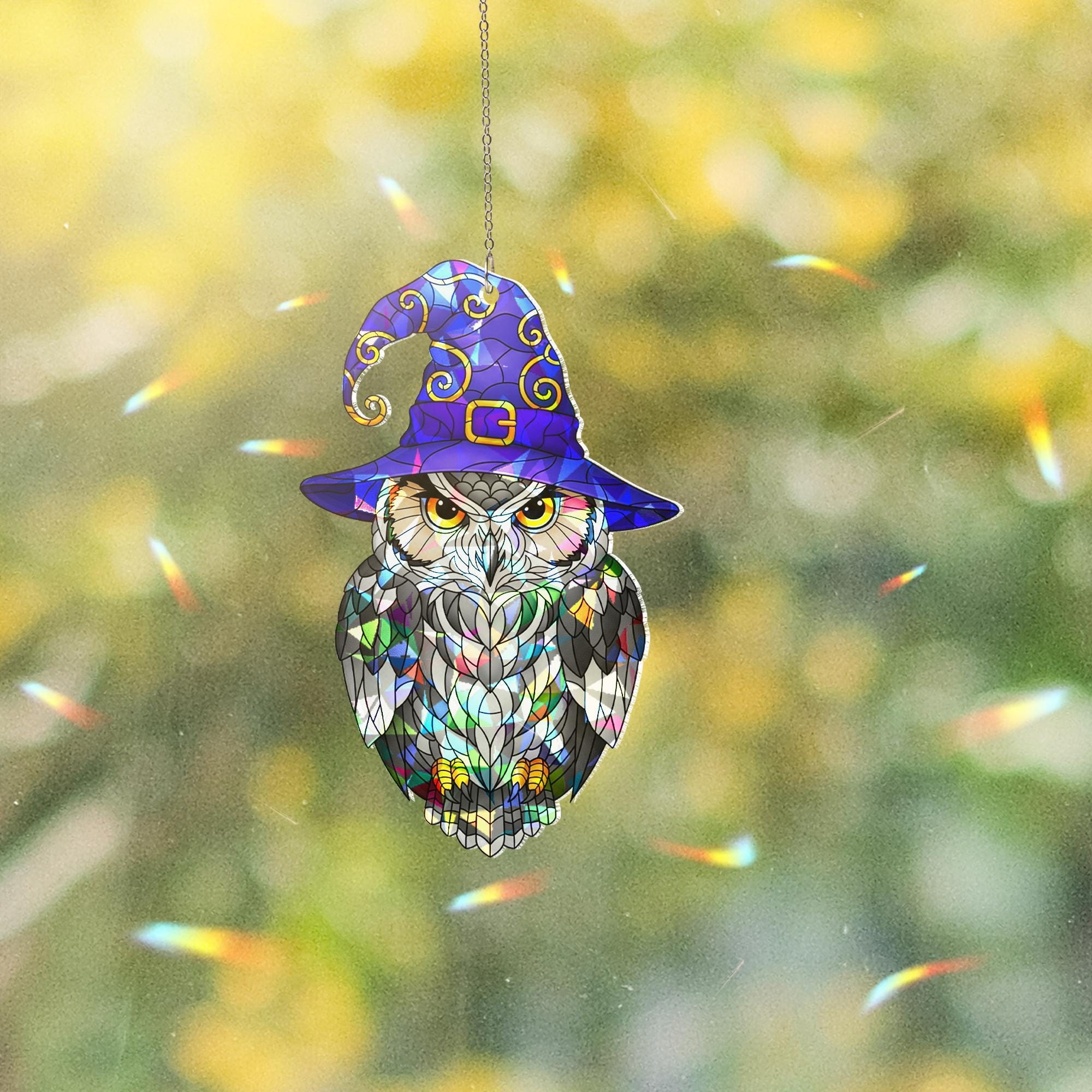 Witchy Owl Hologram Window Hanging – Stained Glass Style Halloween Suncatcher for Spooky Fall Home or Gift Decor