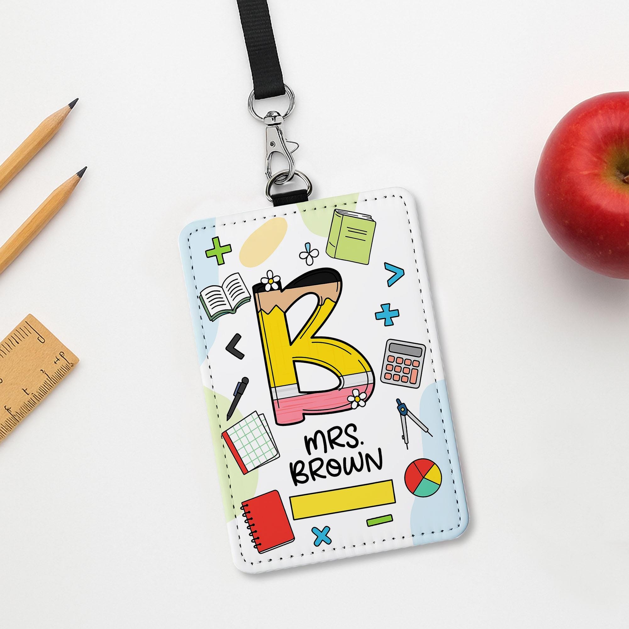 Custom Teacher ID Badge Holder, Personalized Math Theme Name Tag, Back to School Lanyard Gift for Mrs. Brown, Classroom Accessory